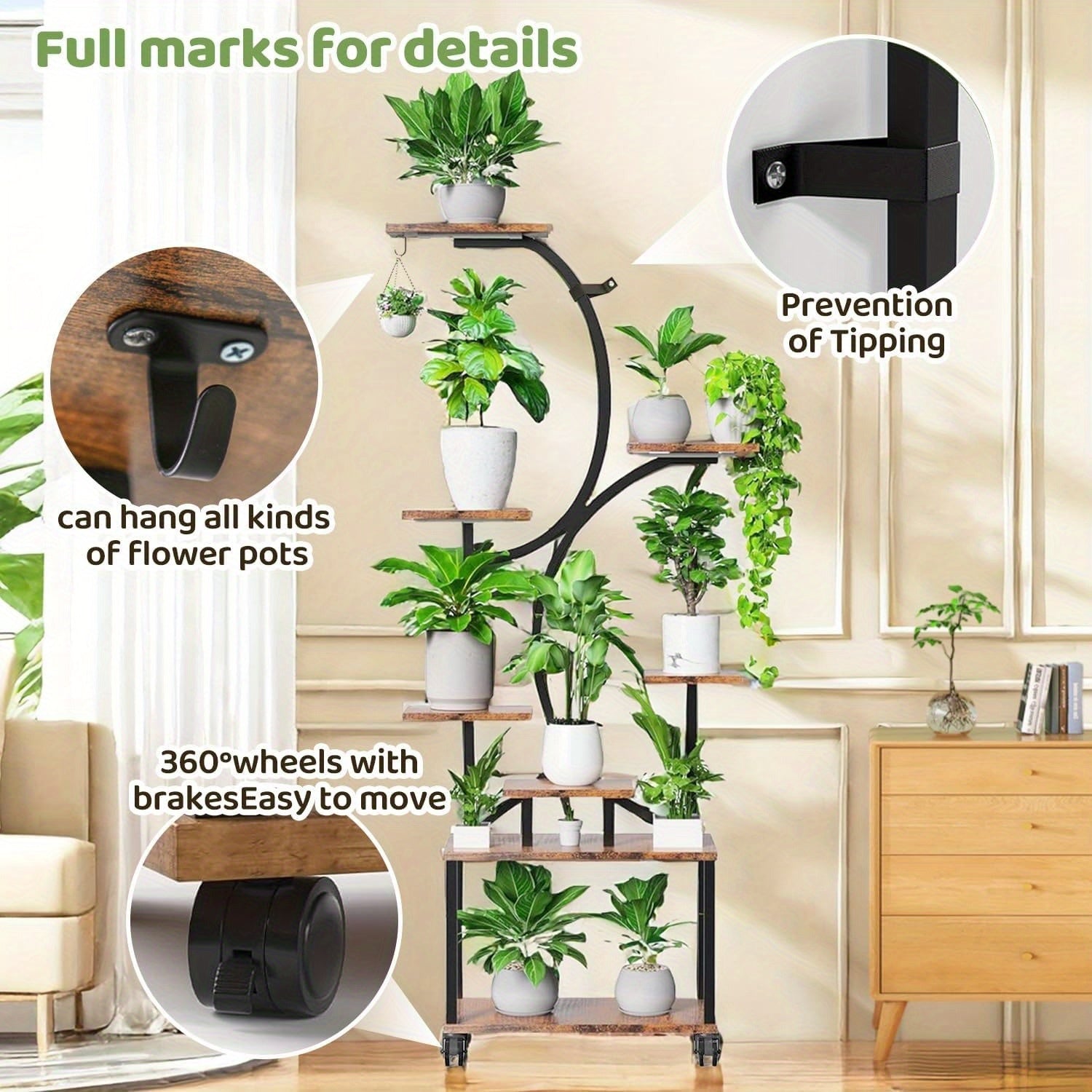 Plant Stand Indoor With Grow Lights, 8 Tiered Indoor Plant Shelf, 61" Tall Plant Stand For Indoor Plants Multiple, Metal Plant Flower Holder Stand, S-Shaped Plant Rack For Home, Patio, Valentine'S Day Gifts, New Home/office D