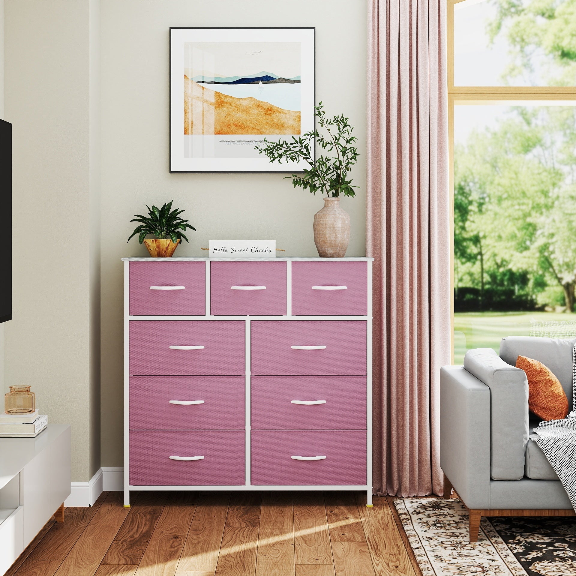 1pc Boho Style Pink Fabric Dresser with 9 Drawers - Sturdy Steel Frame, Hardwood Top, Easy Pull Bins - Independent Storage Cabinet for Bedroom, Living Room, Closet - ≥3.2 Cubic Feet Capacity