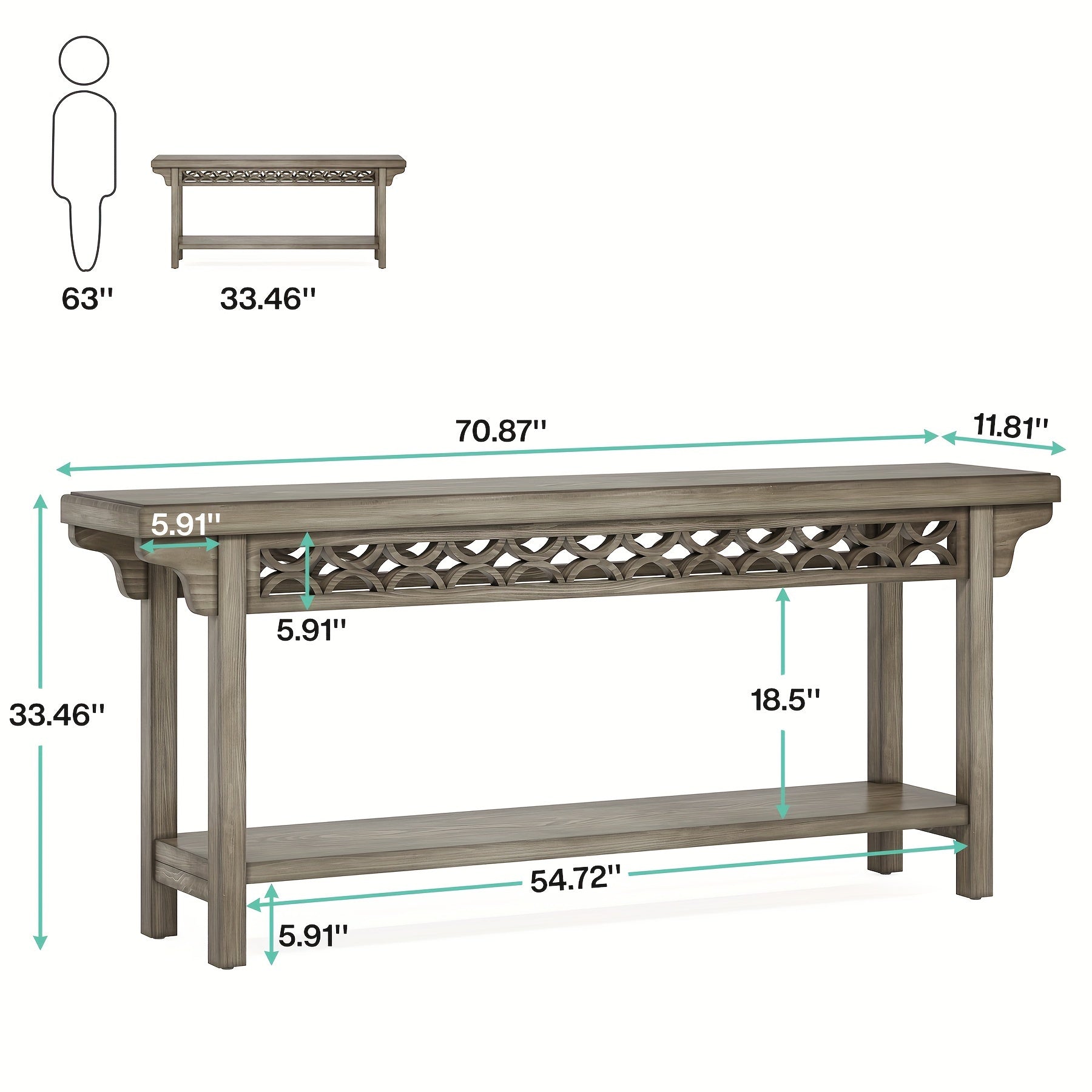 70.8 Inch Extra Long Console Table, Farmhouse Wood Narrow Sofa Table With Storage Shelves, 2-Tier Entryway Table Behind Couch For Hallway Foyer Living Room