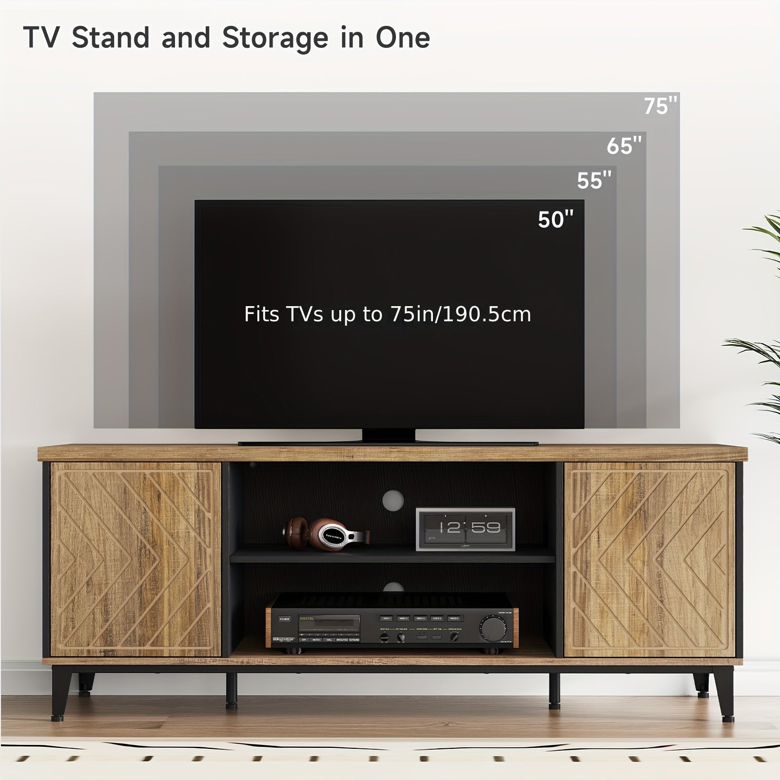 Mid-Century Modern TV Stand for 65" TV - Sleek Wooden Console with Storage, Freestanding Design, Under 27" Tall