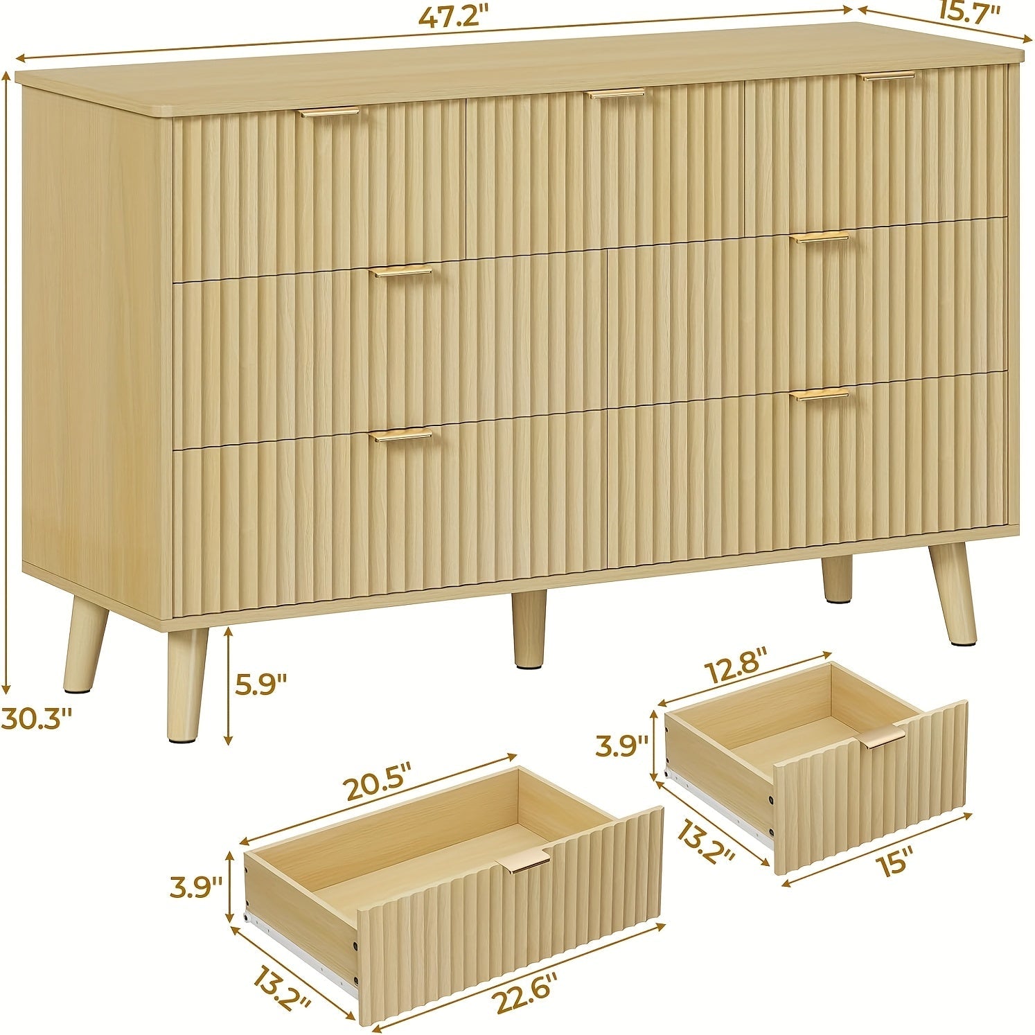 Modern 7-Drawer Fluted Dresser in Natural Oak - Golden Metal Handles, Spacious Storage Organizer for Bedroom & Entryway