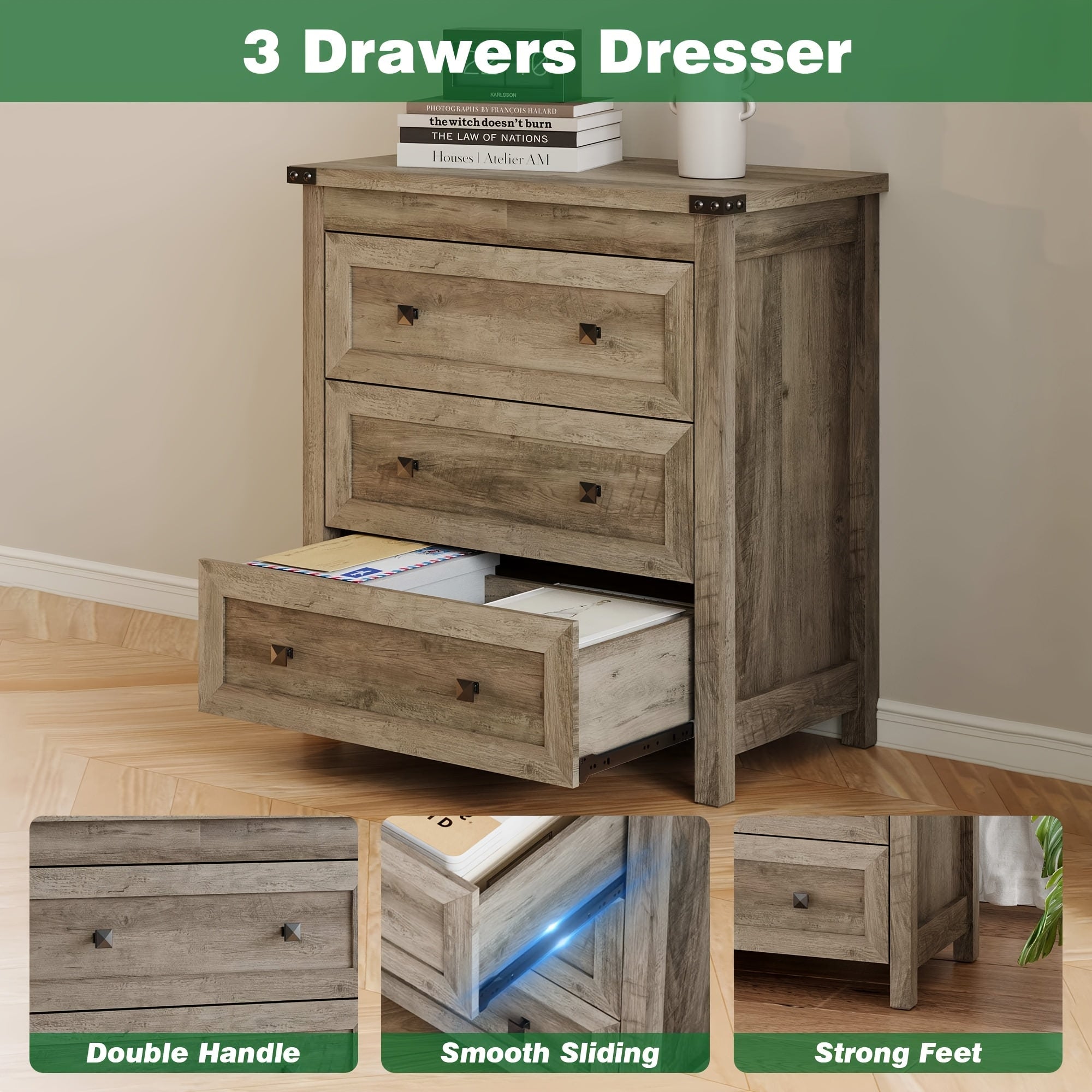 Dresser for Bedroom with 3 Drawers Small Chests of Drawers Farmhouse Wood Tall Nightstand Bedside End Table Modern