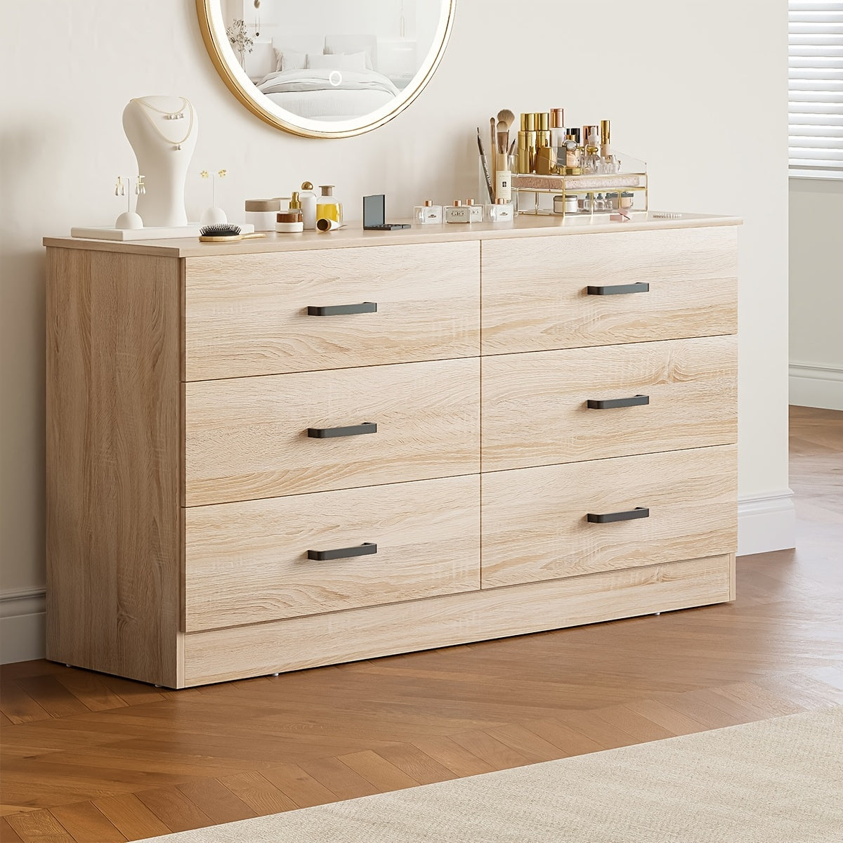 Wood Dresser for Bedroom, 6 Drawer Dresser with Metal Handles, 15.8" D x 47.2" W x 27.7" H, Light Oak