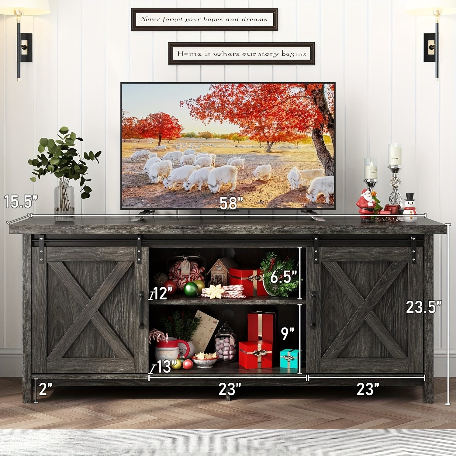 58'' Rustic Wooden Entertainment Center W/Adjustable Storage Shelves, Sliding Barn Door, Mid Century TV Console Media Cabinet For Bedroom Living Room