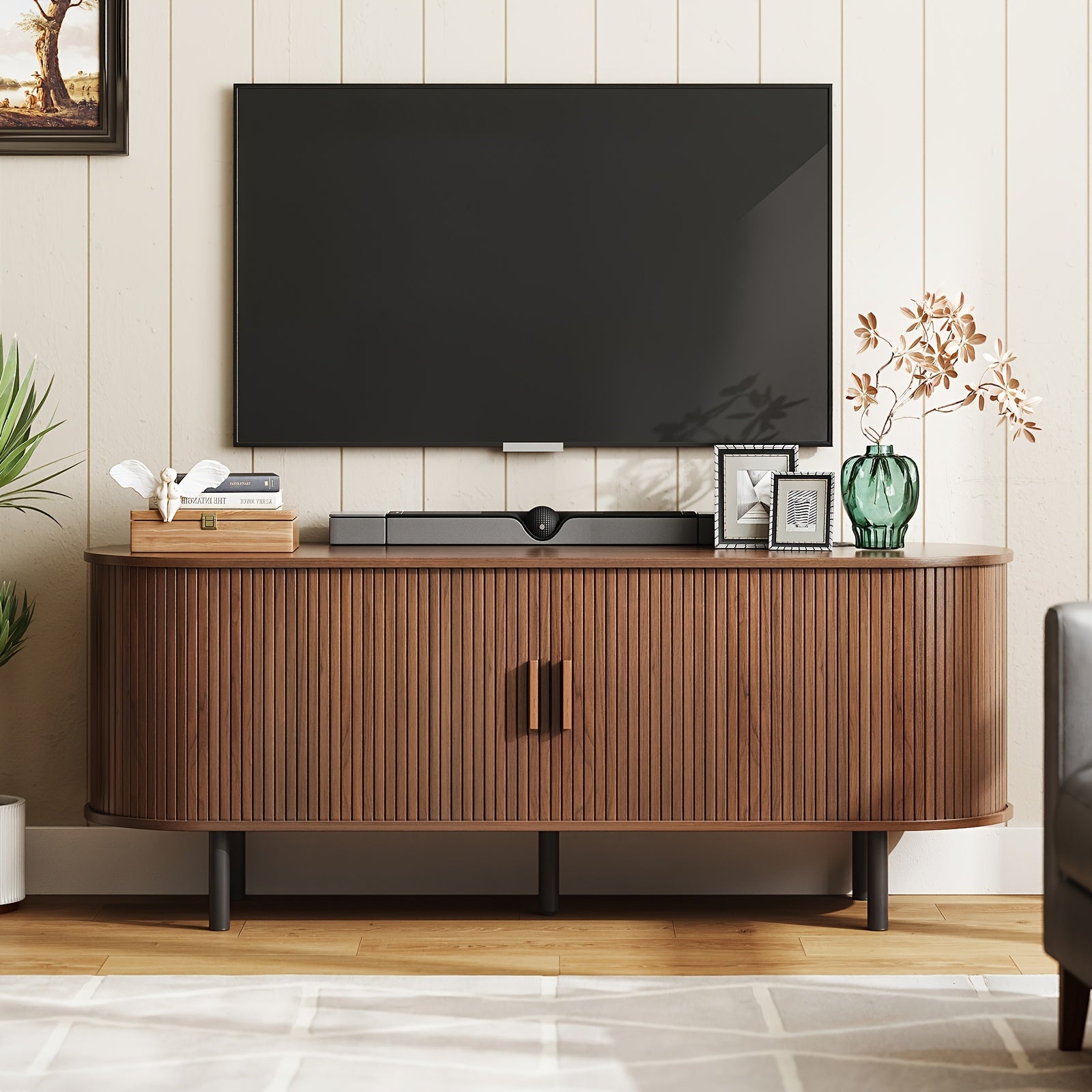 Walnut 55" TV Stand with Sliding Doors - Fits Up to 60" TVs, Built-in Power Outlet & Adjustable Shelves for Living Room or Bedroom Storage