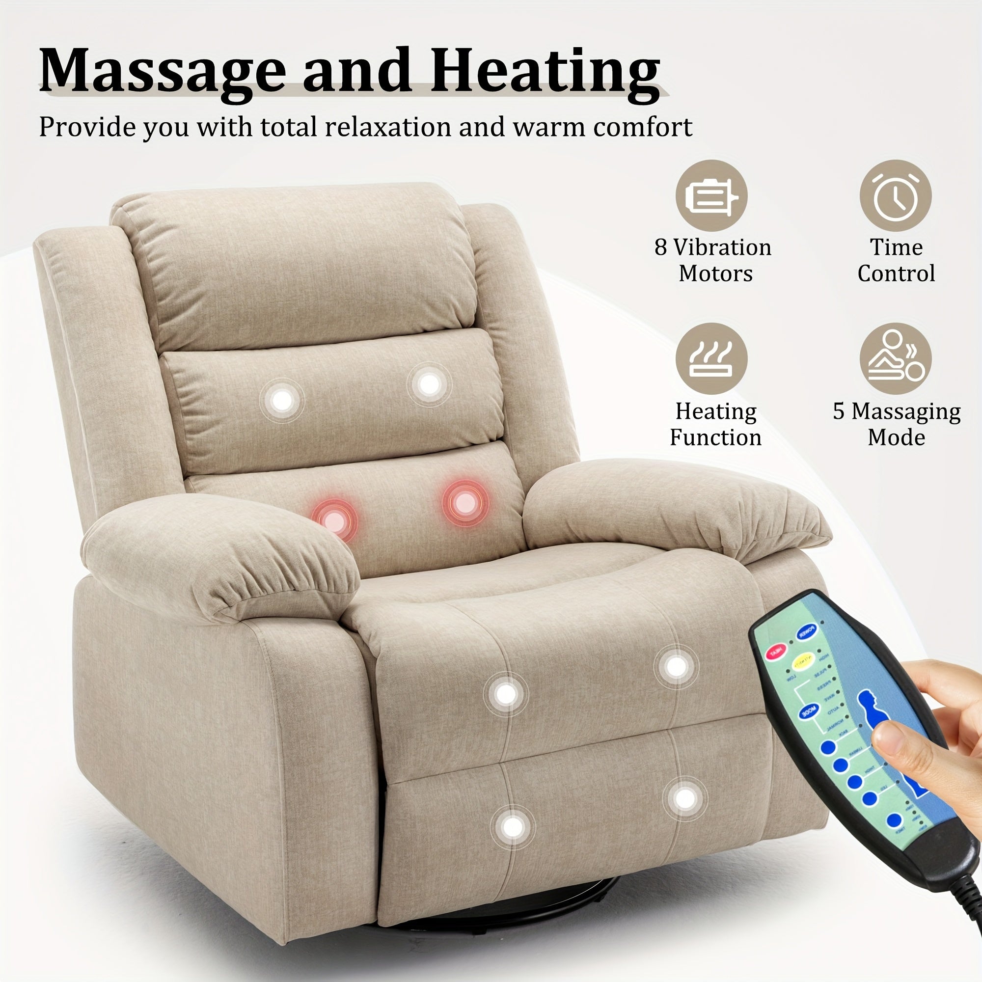 Massage Swivel Rocker Recliner with Heat and Vibration Massage, Overstuffed Manual Rocking Recliner Living Room Chair