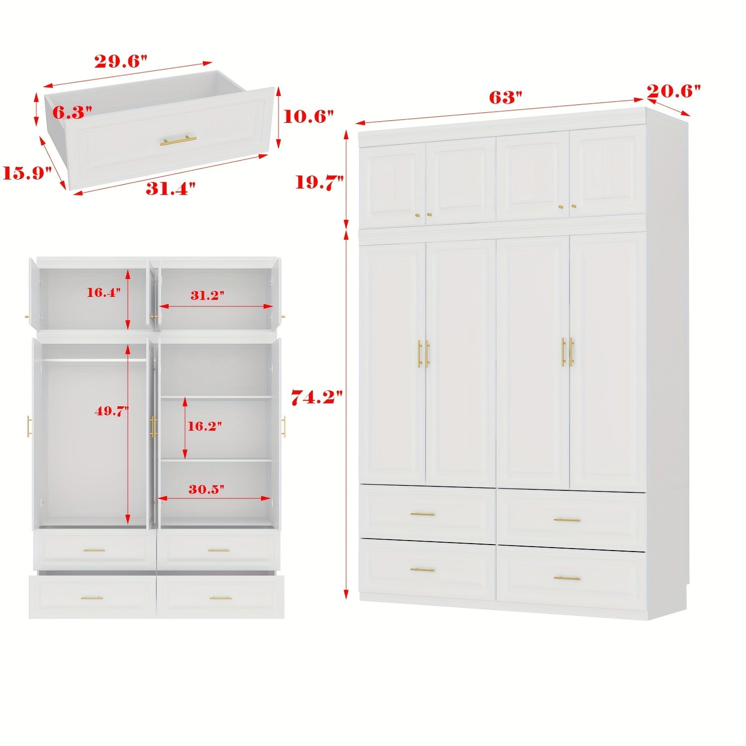 93.9"H/74.2"H Armoire Wardrobe Closet Cabinet With Hanging And Drawer Storage