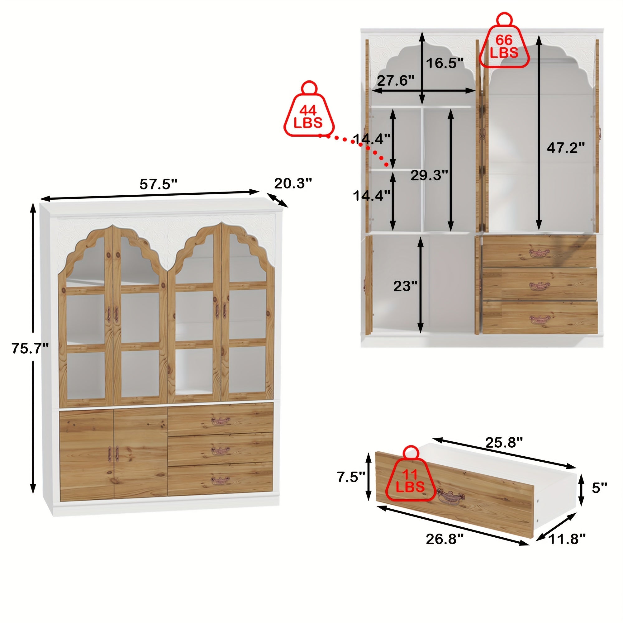 Modern Wardrobe With 3 Drawers And Glass Doors, Storage Room With Cabinets, Wardrobe With Bedroom Wardrobe Shelves, Large Storage Space, White And Natural Wood Grain