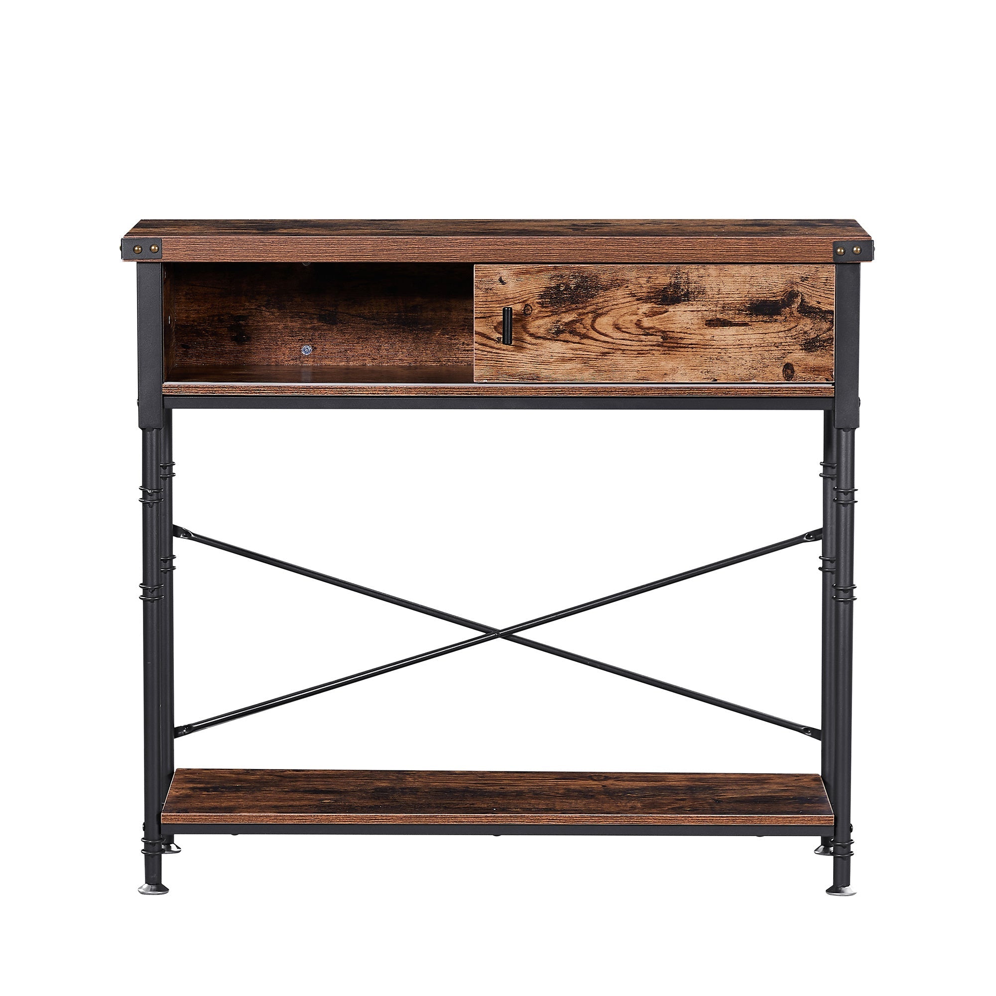 35.4 Inch Console Table with Slide Drawer and Storage Shelf, Stable Metal Frame, Brown