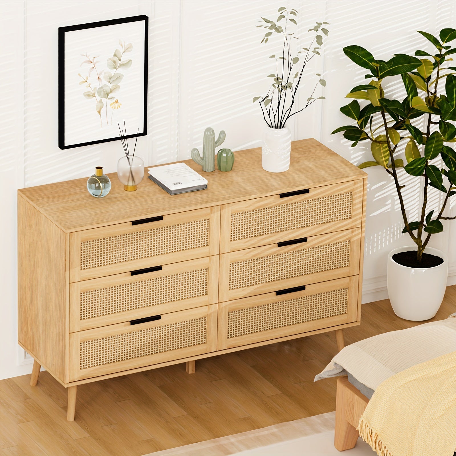 Natural Rattan Dresser for Bedroom with 6 Drawer, Wood Durable Dressers & chests of Drawers with Black Handles, Handmade Natural Rattan Modern Storage Double Drawers for Bedroom, Closet, Living room Storage Drawer Units