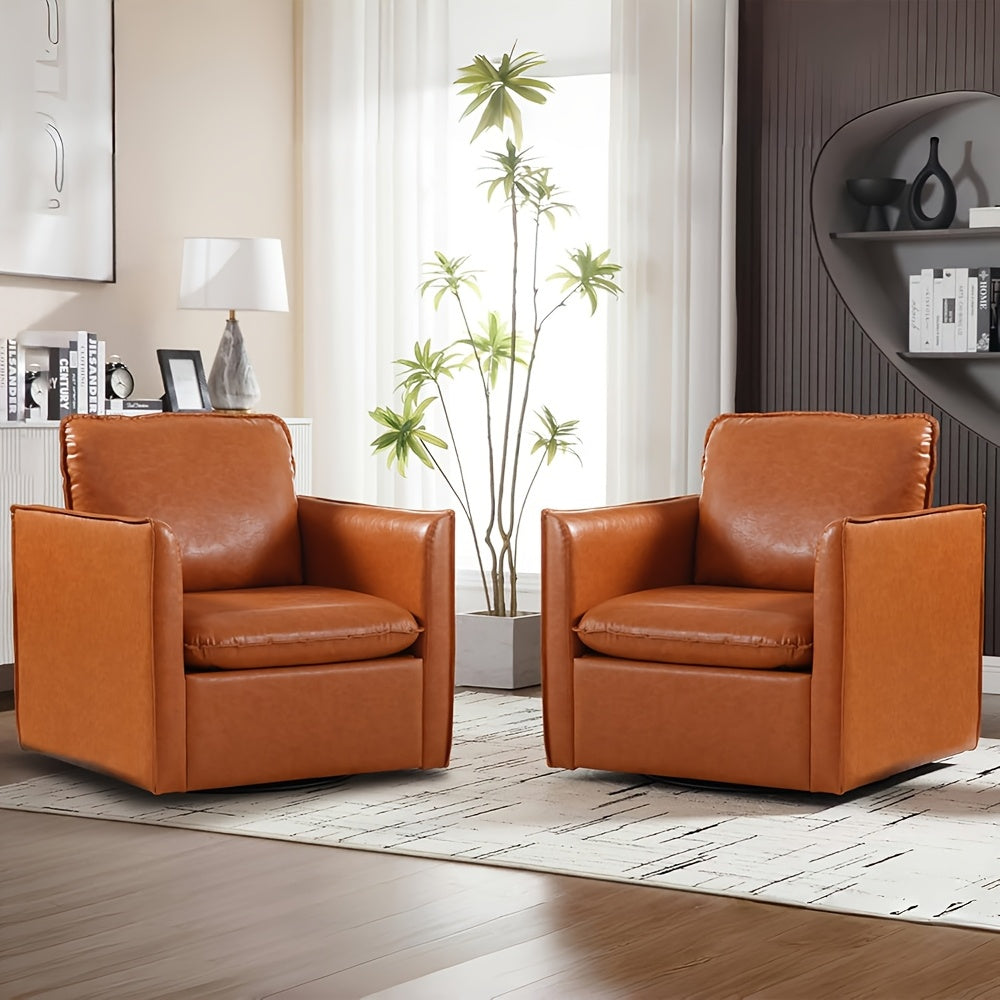 Chic Brown Swivel Accent Chair with Cozy Pillow - Mid-Century Style, Soft Faux Leather Armchair for Living Room, Bedroom, Office - 360° Rotating Single Sofa Reading Chair