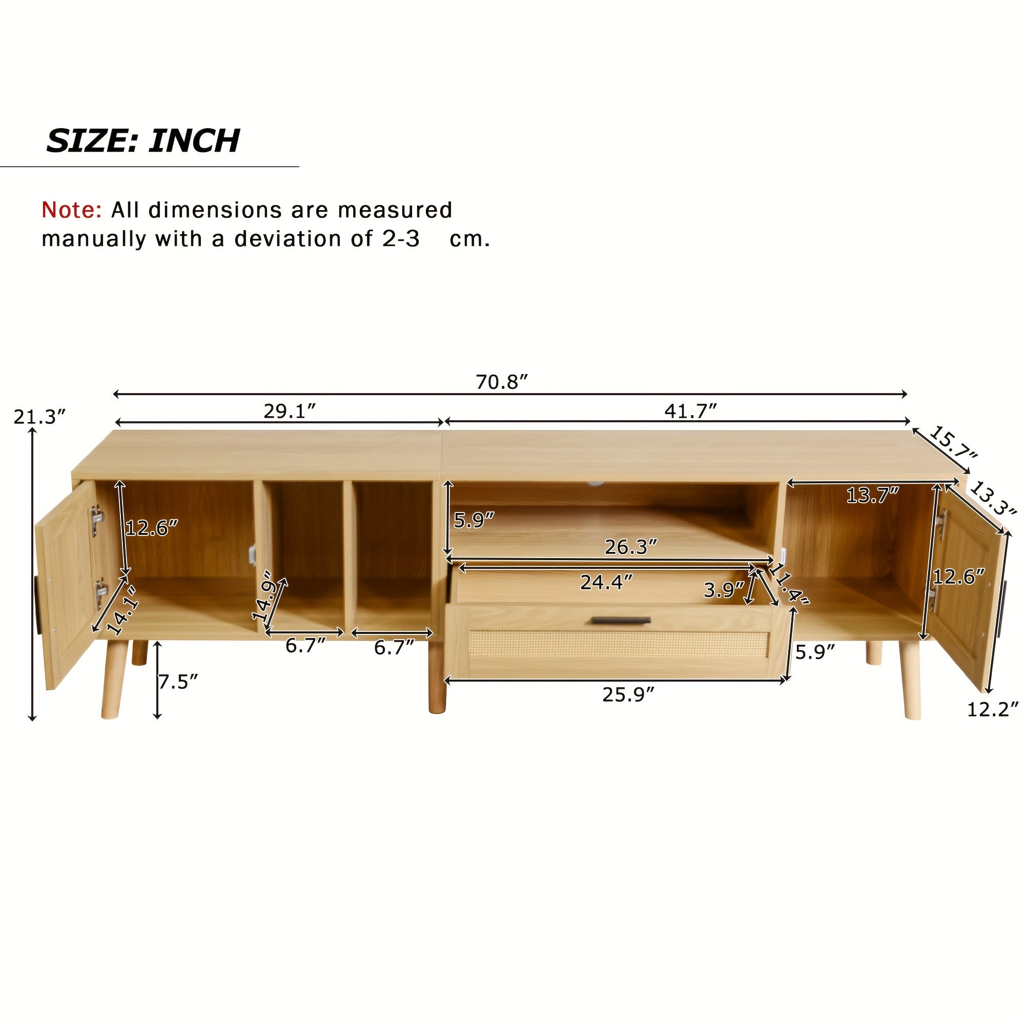 Modern Rattan TV Stand for 80'' TV with 2 Cabinets & 2 Open Shelves, Rattan-Style Media Console with Solid Wood Legs, Entertainment Center for Living Room, Bedroom, Home Theater