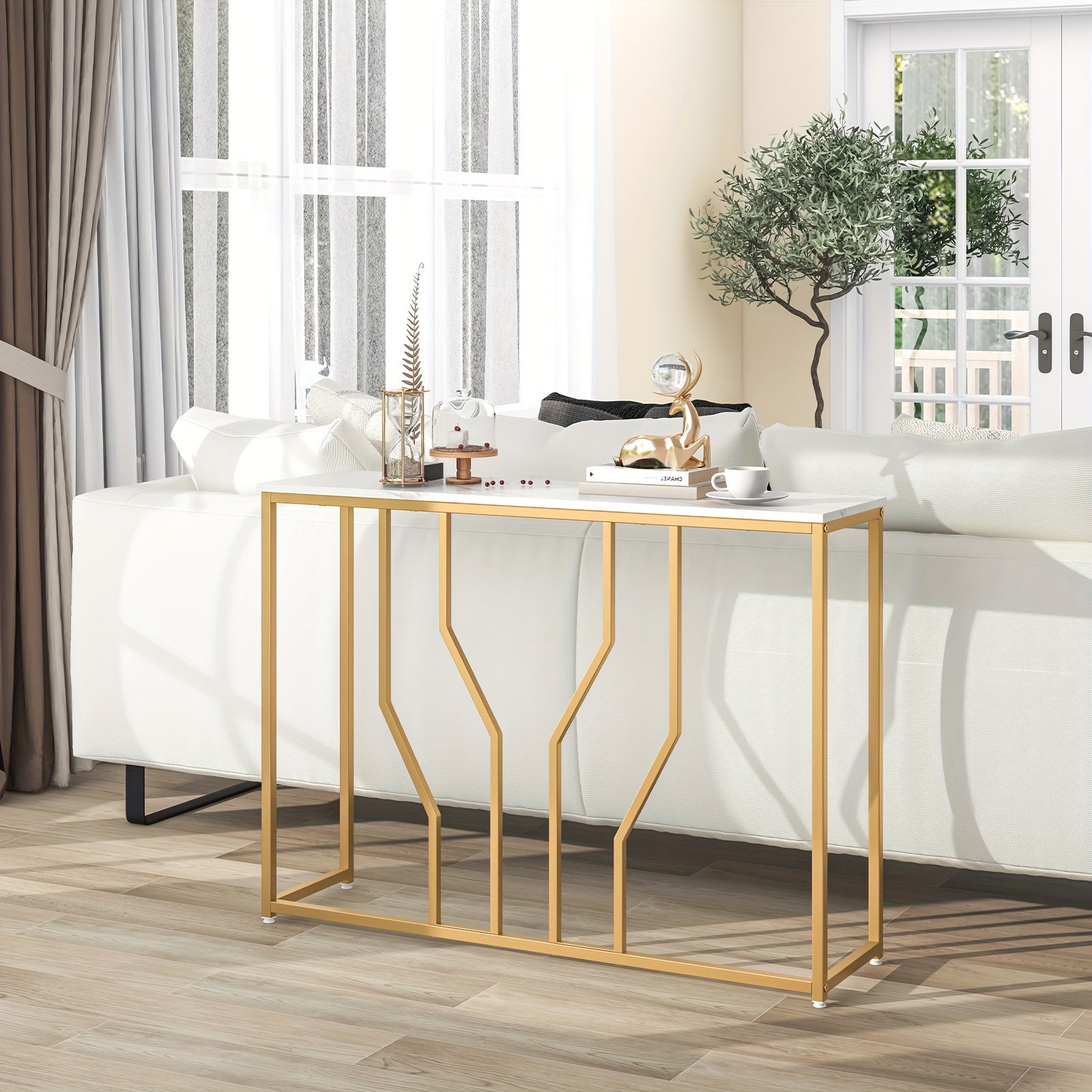 1pc 44" Golden Console Table With Faux Marble Tabletop Golden Metal Frame For Entrance