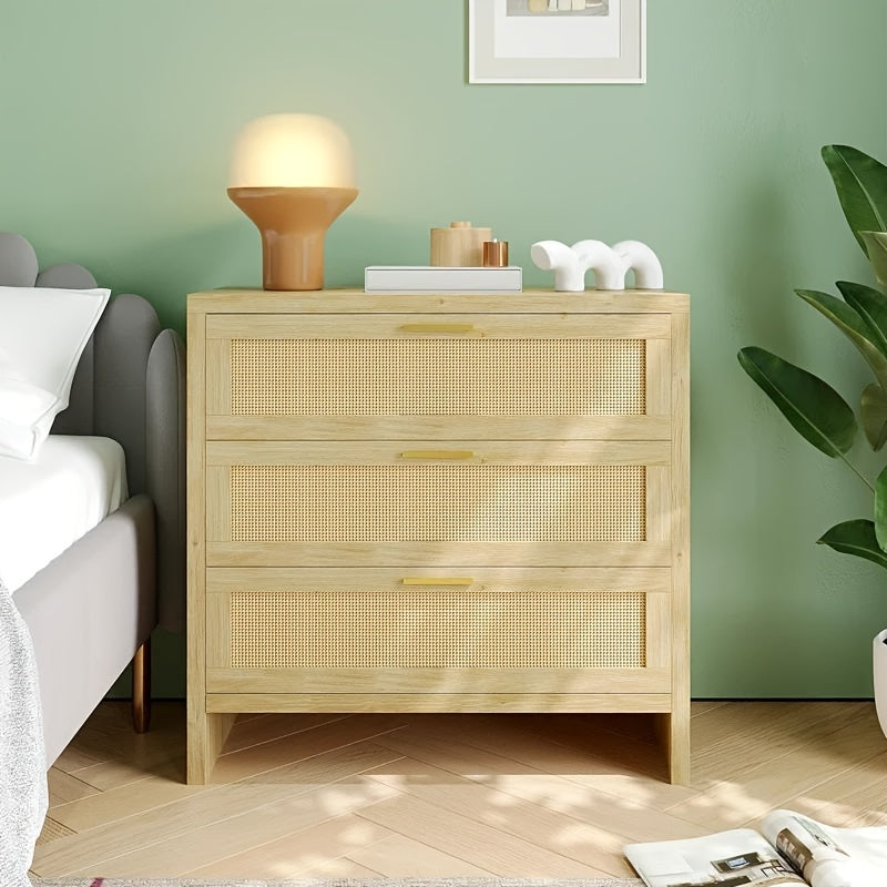 3 Drawer Dresser for Bedroom Rattan Modern Wooden Dresser Chest with Golden Handles, Wood Storage Cabinet Beside Table