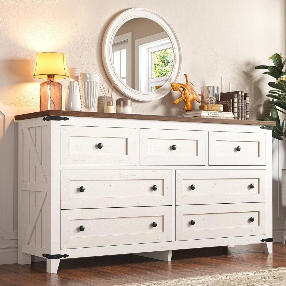 Chic Farmhouse 51" White Wooden Dresser with 7 Drawers - Spacious Bedroom Organizer, TV Stand & Closet Storage Solution