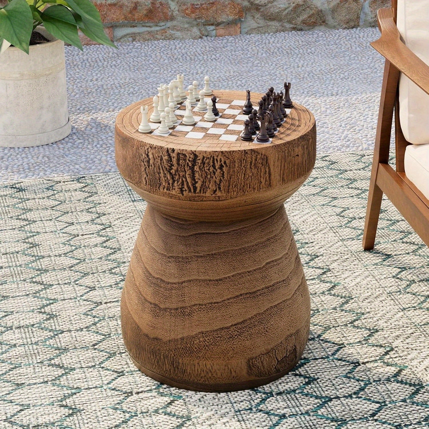 14-inch Round Concrete Side Table with Checkerboard Design - Sturdy, Waterproof Outdoor Accent Table with Wide Top for Living Room, Bedroom, or Garden - Versatile Decorative End Table with Natural Aesthetic