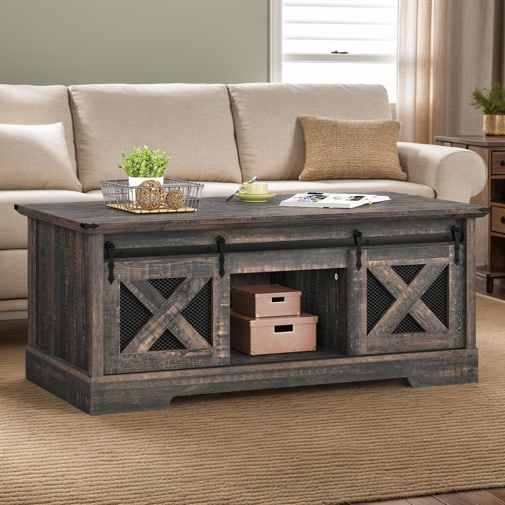 Rustic Oak Center Table with Lift- Top and Storage for Cozy Living Space Thanksgiving Christmas Day Gift - Black