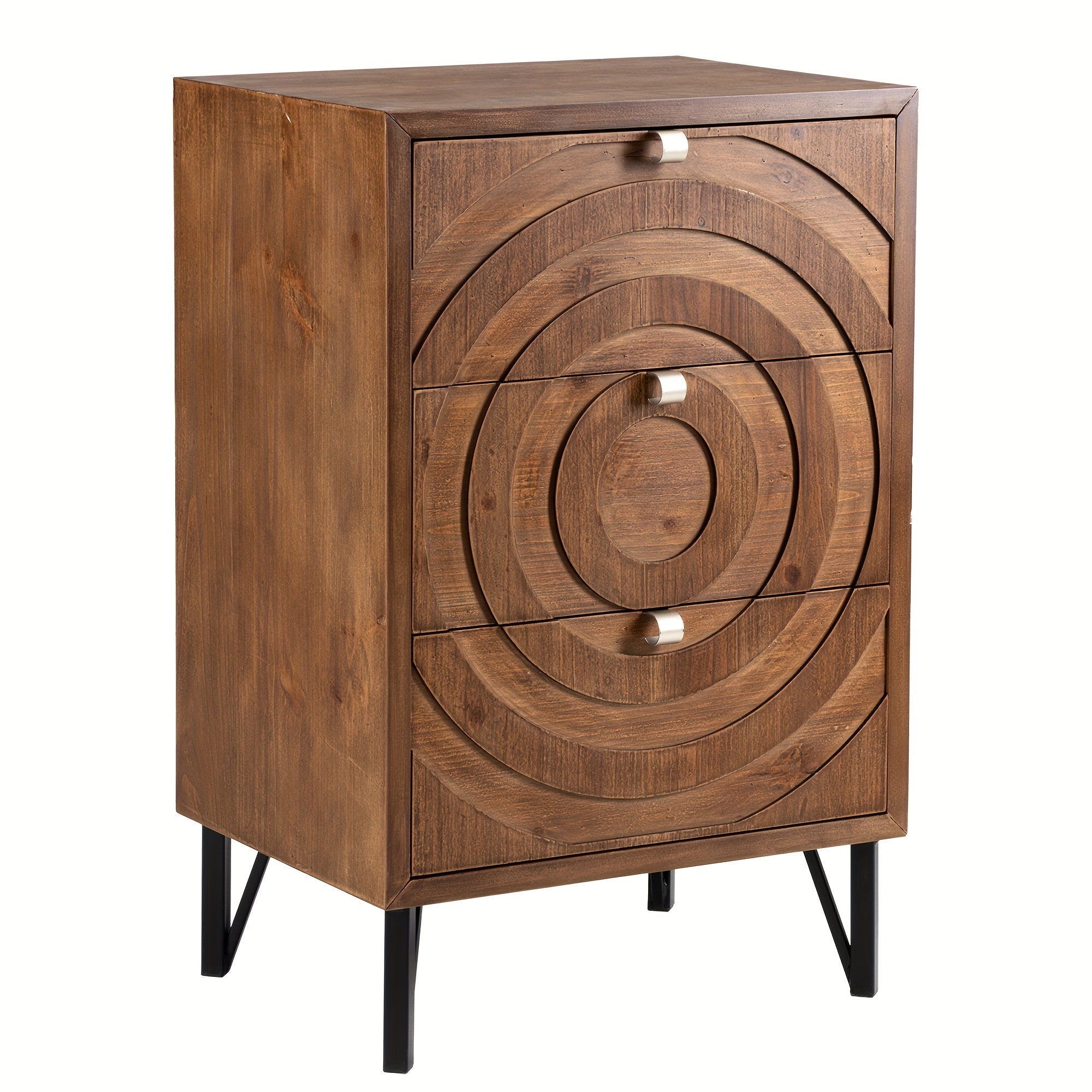 Wood End Side Accent Table Modern Concentric Circle Pattern Nightstand With Storage For Living Room Or Bedroom, Christmas Holiday Decoration Table