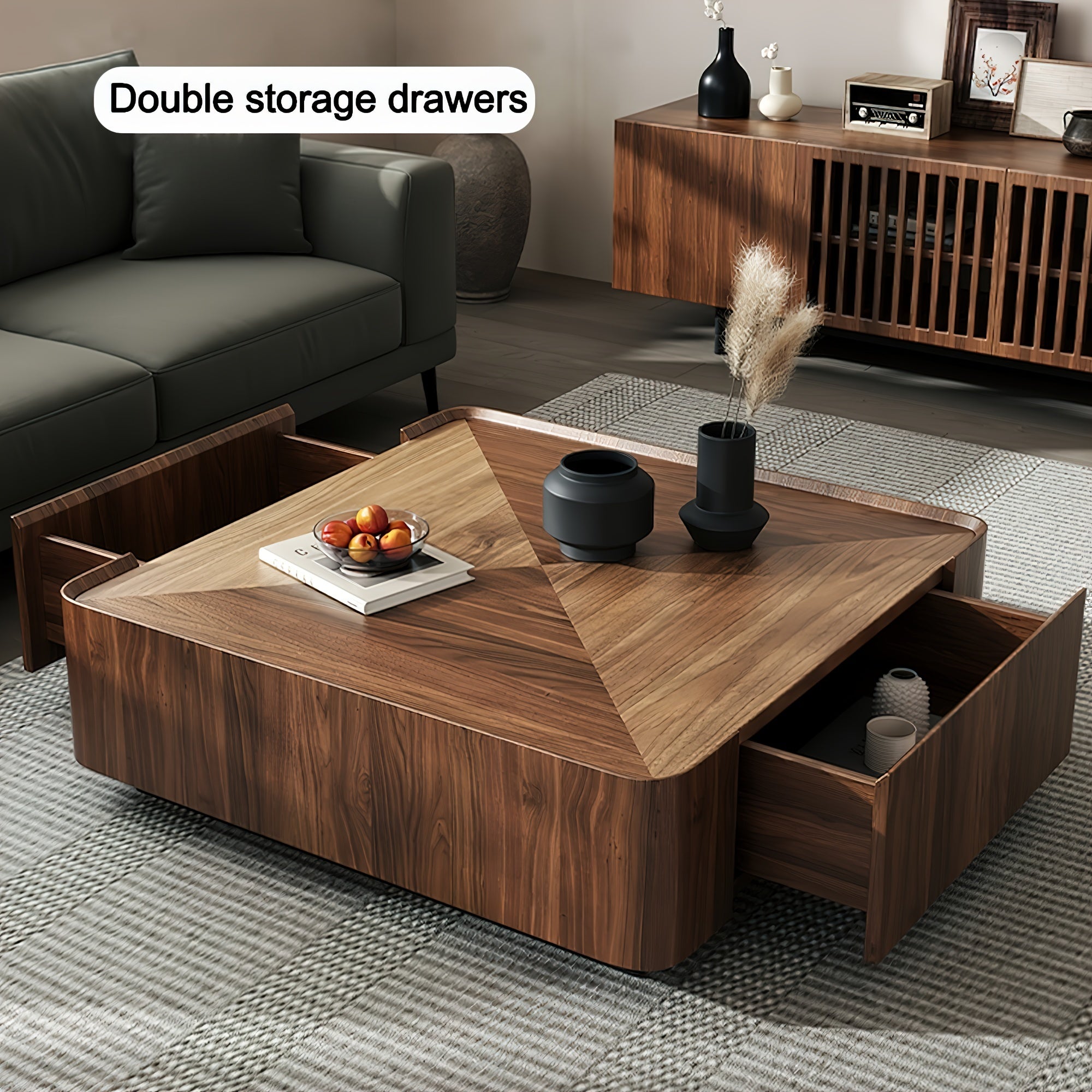 Coffee Table, 1 Piece,, Multi-layer Solid Wood,  Unique Furniture, Simple And Light Luxury, Square, With Storage Cabinet, Suitable For: Living Room, Dining Room, Bedroom, Patio, No Installation Required, Ma