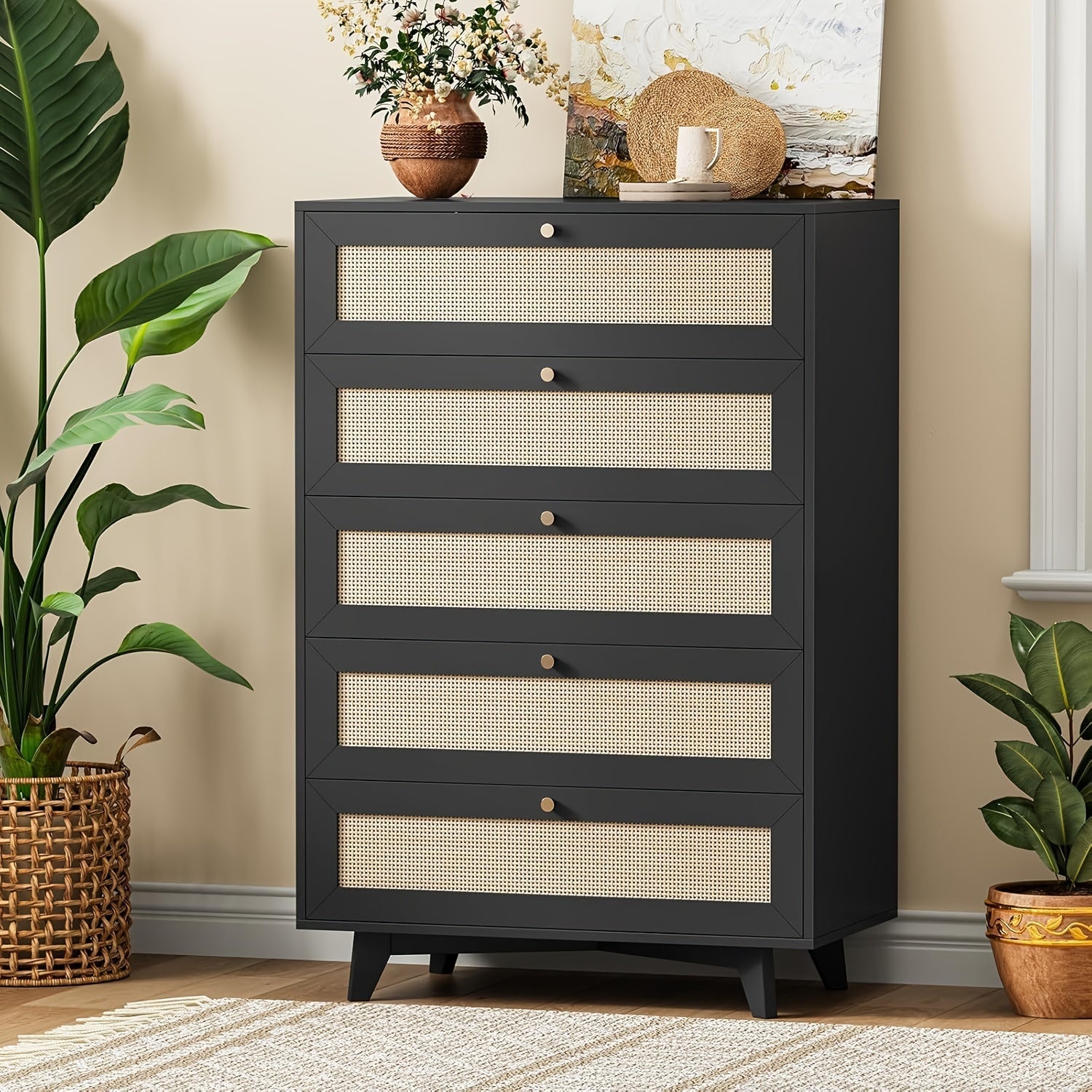 Modern Tall Bedroom Dresser Rattan Dresser For Bedroom With 5 Drawer Chest Of Drawers For Living Room - Black - Dresser