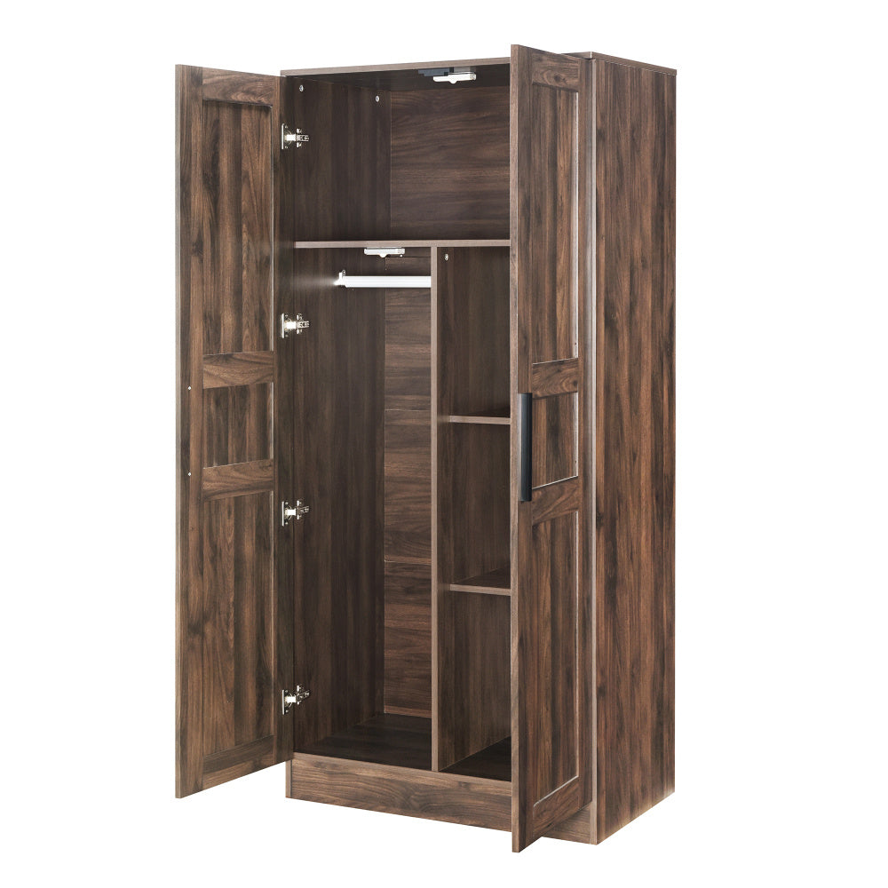 Vintage Hardwood Armoire Wardrobe with USB-Powered LED Illumination, MDF Fiberboard Construction, Floor Mounted, Brown - Spacious Bedroom Storage Closet with 4 Shelves and Sturdy Design