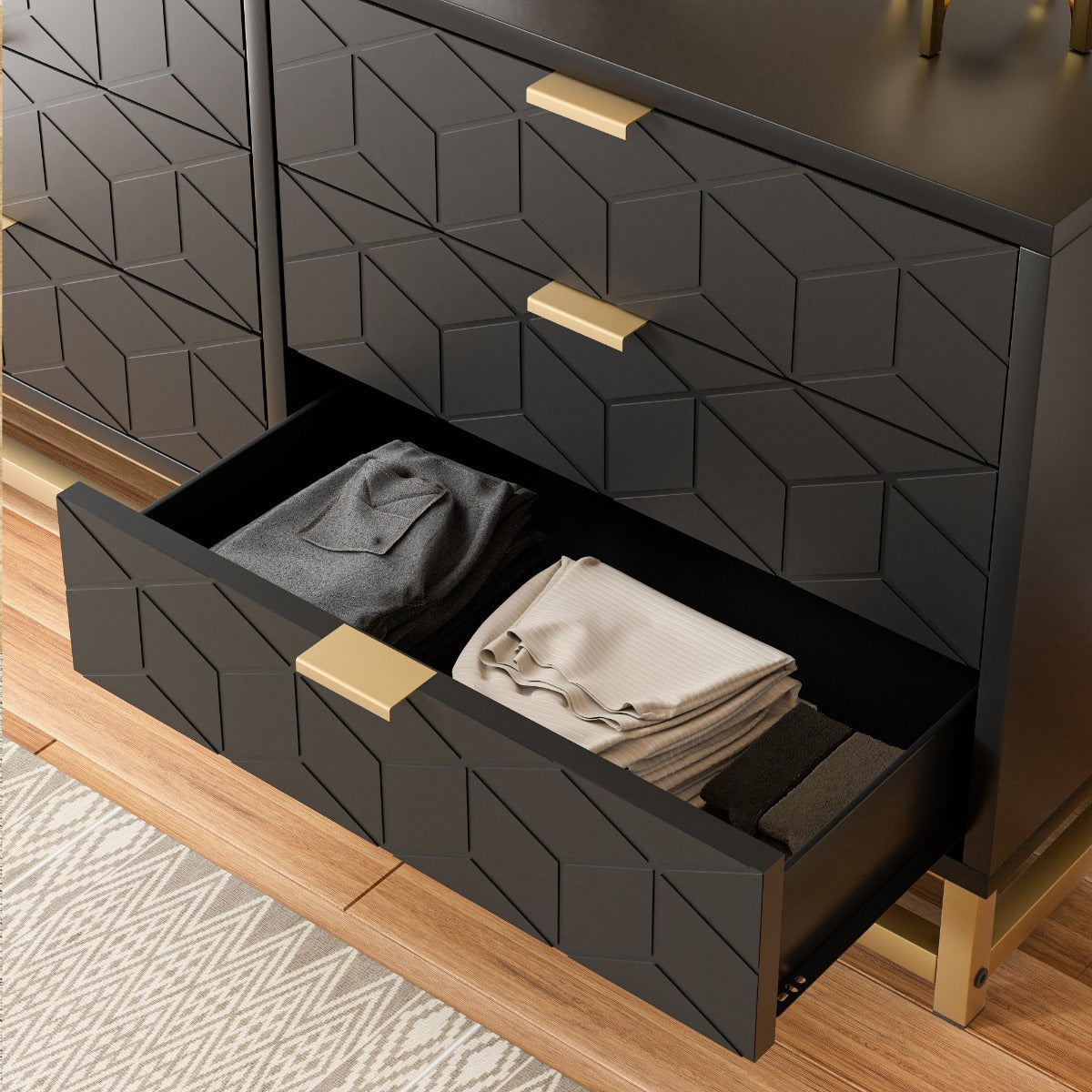 Elegant Black Dresser with 6 Drawers - Diamond Pattern Golden Handles & Base Freestanding Storage for Bedroom
