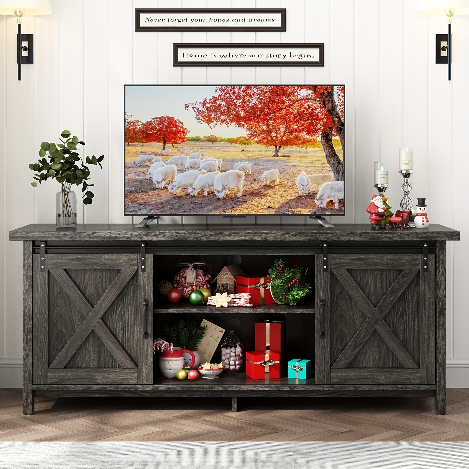 58'' Rustic Wooden Entertainment Center W/Adjustable Storage Shelves, Sliding Barn Door, Mid Century TV Console Media Cabinet For Bedroom Living Room