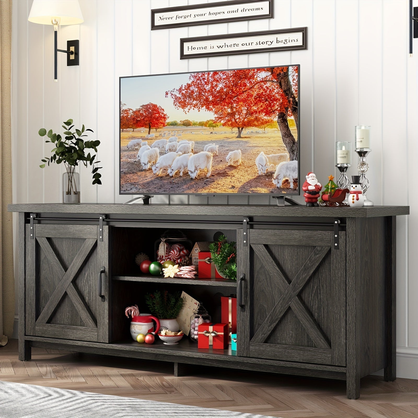 58'' Rustic Wooden Entertainment Center W/Adjustable Storage Shelves, Sliding Barn Door, Mid Century TV Console Media Cabinet For Bedroom Living Room