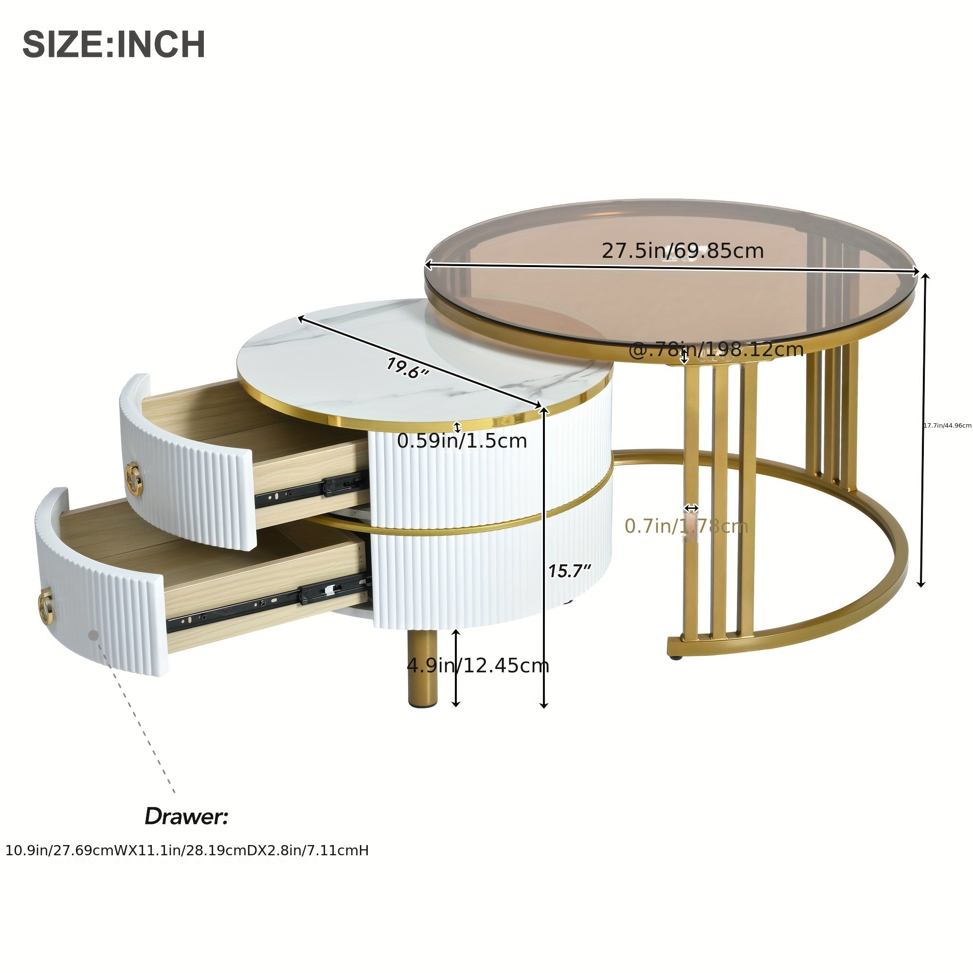 2-Piece Stackable Coffee Table With 2 Drawer Set With Brown Tempered Glass And High-Gloss Marble Top, 2-Piece Living Room Round Center Table, Patio Table, White, Gold, Black, Modern, Pop Storage