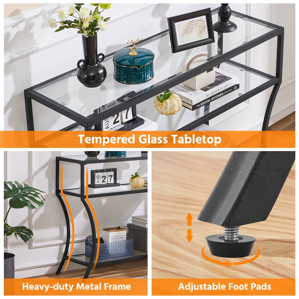 42 Inch 3-Tier Tempered Glass Console Table,Modern Glass Sofa Table, Entryway Table with Lower Shelf,Black