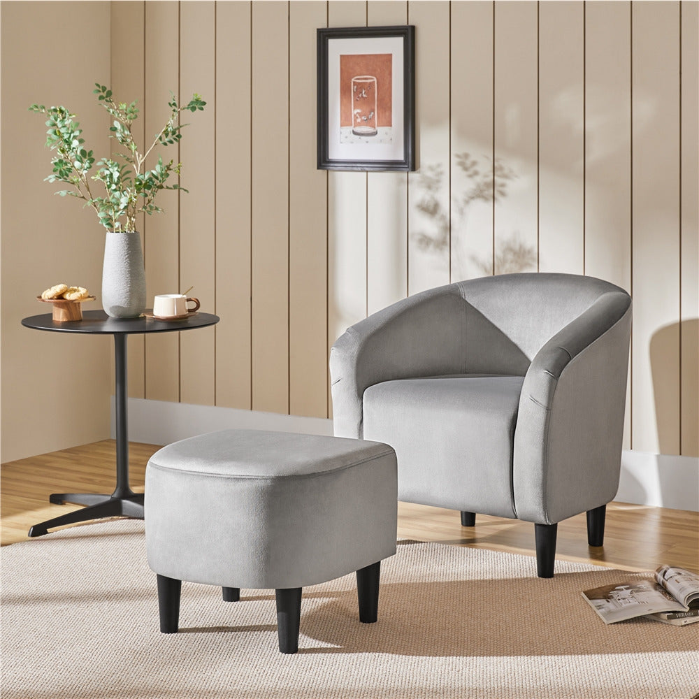 Barrel Chair and Ottoman Set with Boucle Fabric or Faux Leather Upholstery, Contemporary Club Chair with Ottoman, Accent Armchair with Footrest for Living Room, Bedroom, Guestroom, Stylish Upholstered Furniture Set i