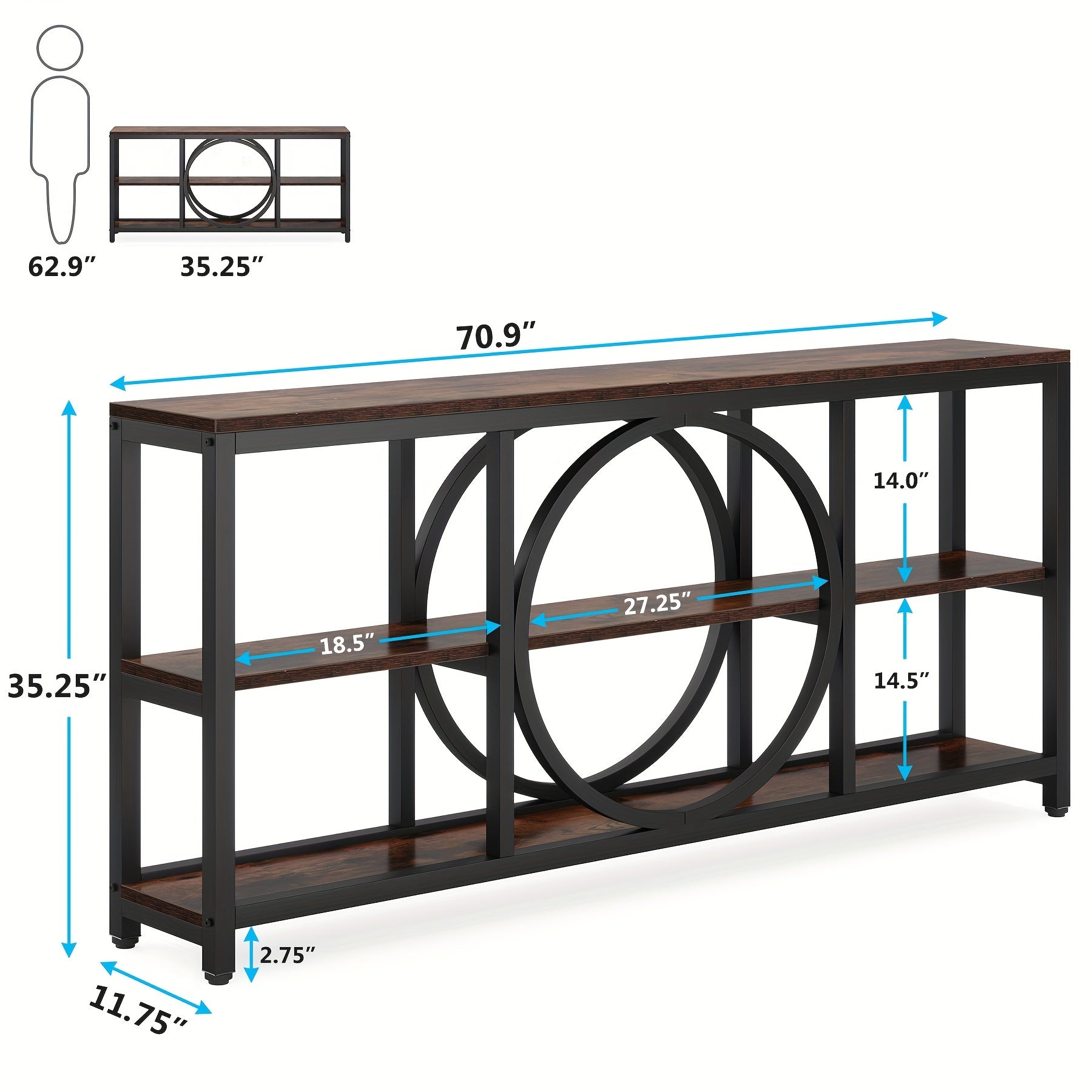 Little Tree Extra Long Console Table - 70.9" Narrow Sofa Table in Black Metal & Wood Finish with 3-Tier Storage Shelves, Stain-Resistant for Entryway, Hallway, Living Room - Chic & Functional Design, Living Room Table