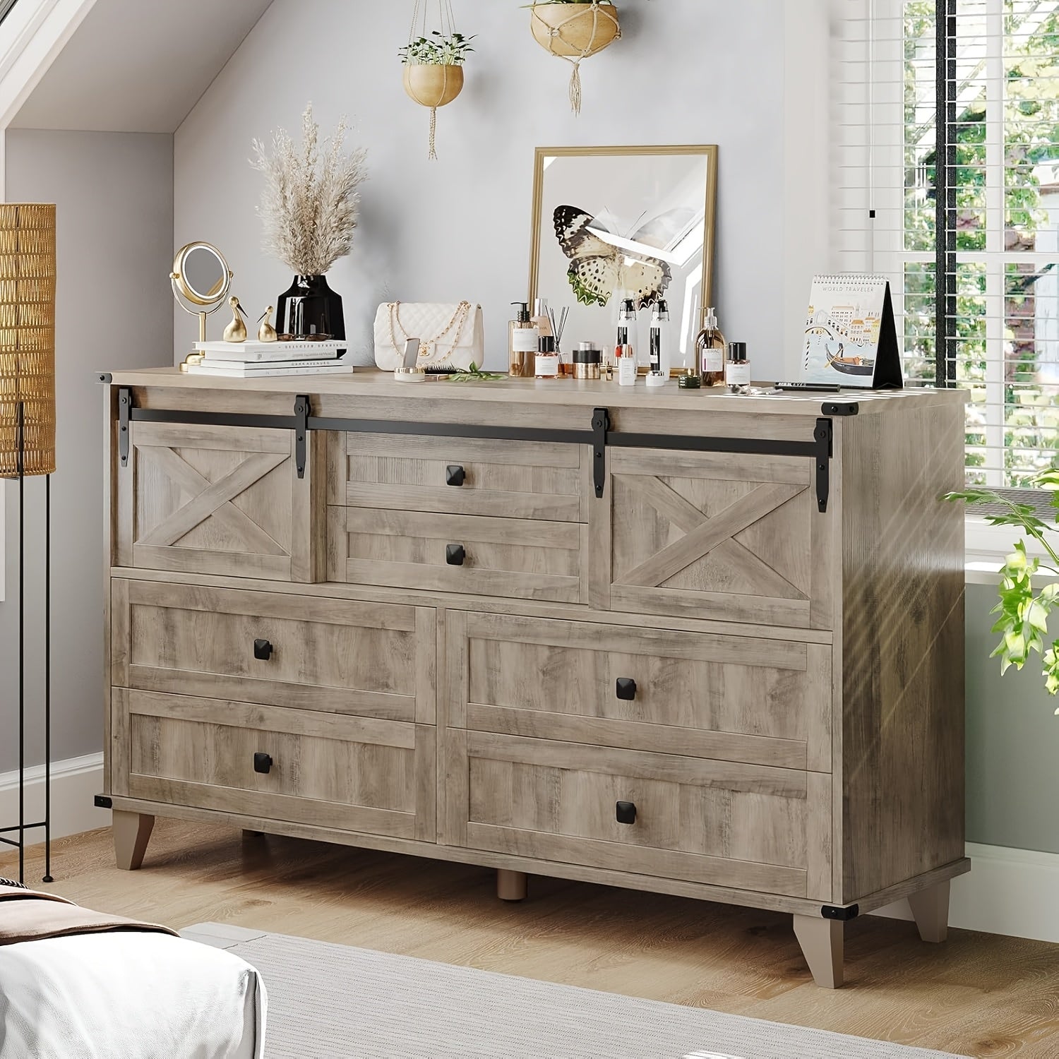 Charming Farmhouse 6-Drawer Dresser with Sliding Barn Doors - Versatile White Chest of Drawers with X-Shaped Metal Frame, Ideal for Bedroom or Living Room Storage, Easy Assembly