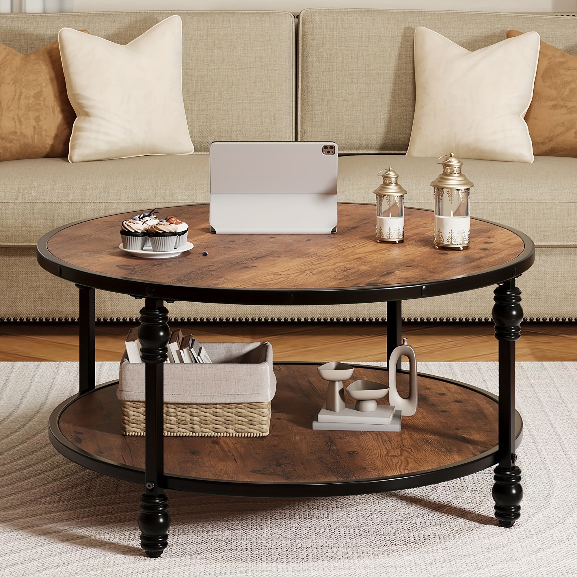 Round Coffee Table 34.25" Industrial Center Table with Storage Shelf 2-Tier Rustic Accent Center Table Wood Circle Coffee Table with Sturdy Metal Legs, Easy Assembly