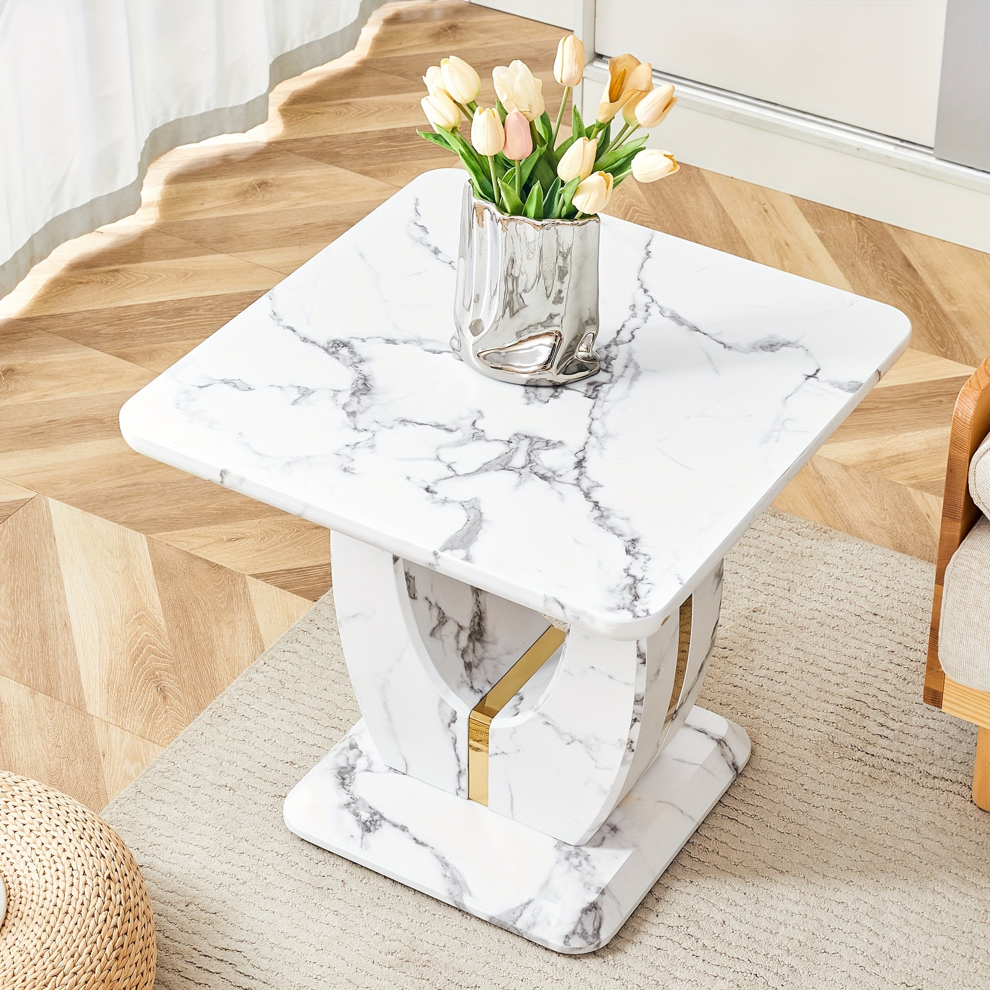 Modern Faux Marble Pattern Side Table with Golden Accents 23.6’’ Square Top Adjustable Foot Pads And Sturdy Base