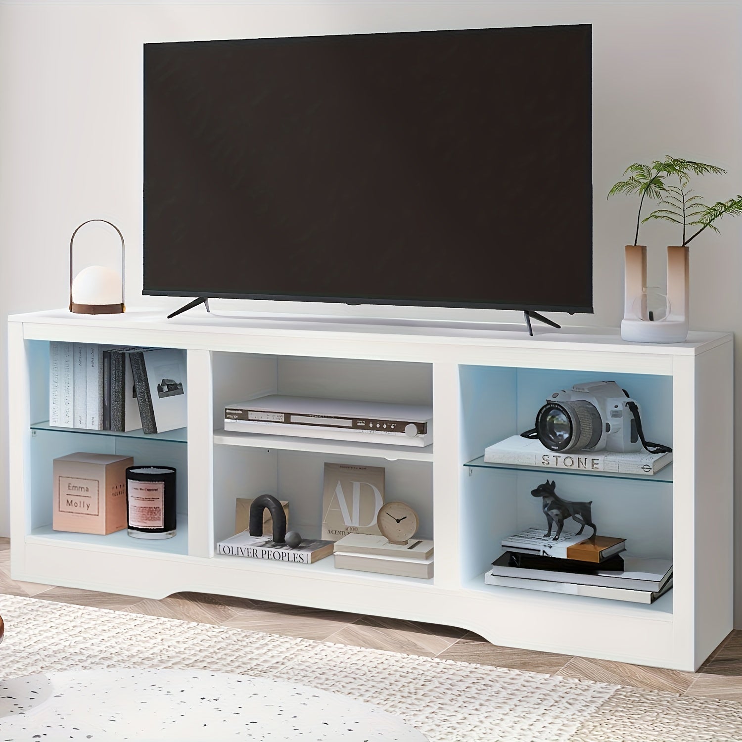 58" Modern White TV Stand with LED Lights - Media Entertainment Center with Open Storage & Glass Shelves for Living Room