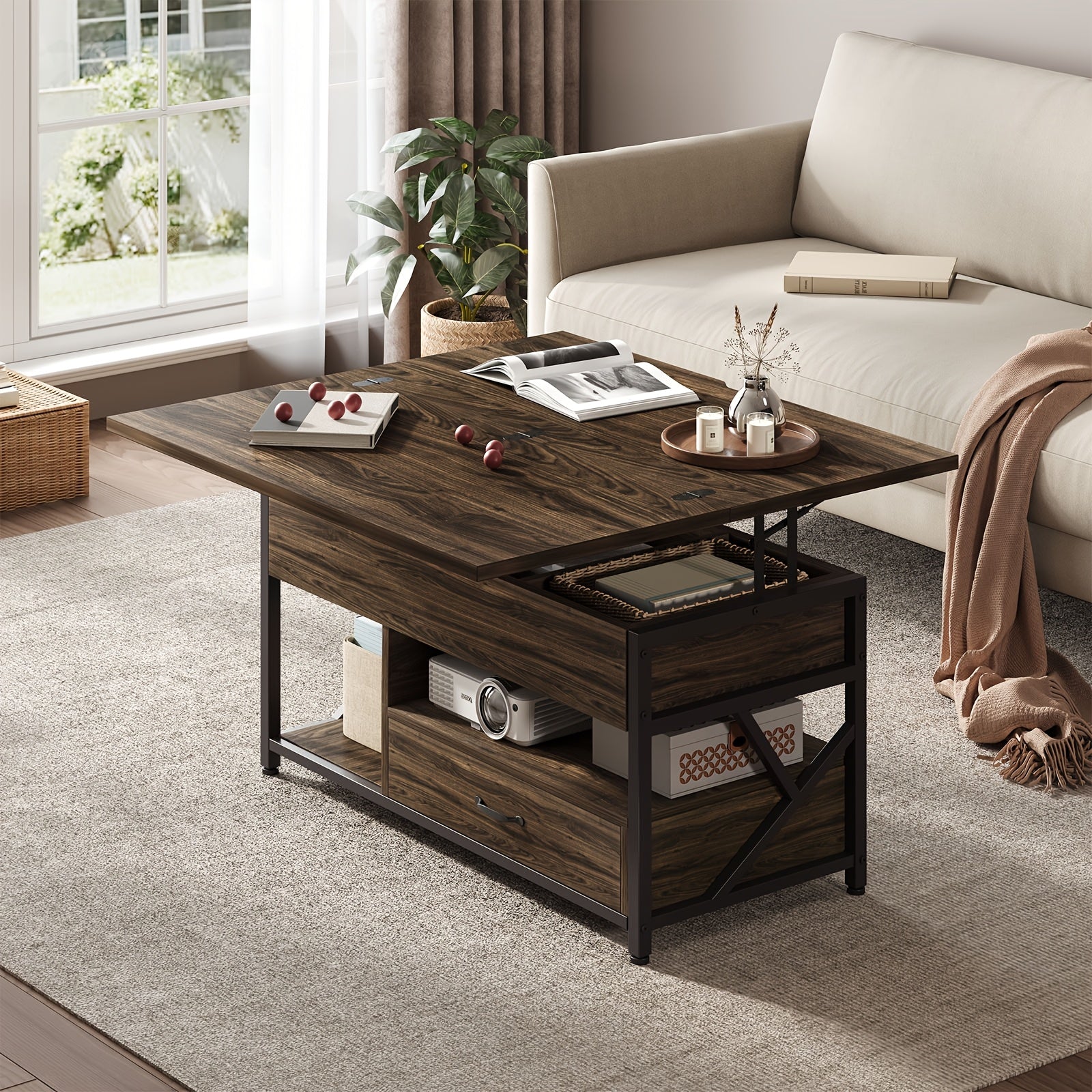 Convertible Lift-Top Coffee Table with Storage, 4-in-1 Multi-Functional Wood Table, Expandable Tiered Shelf Design, Freestanding Rustic Brown, with Hidden Compartment, for Living Room, Dining Room