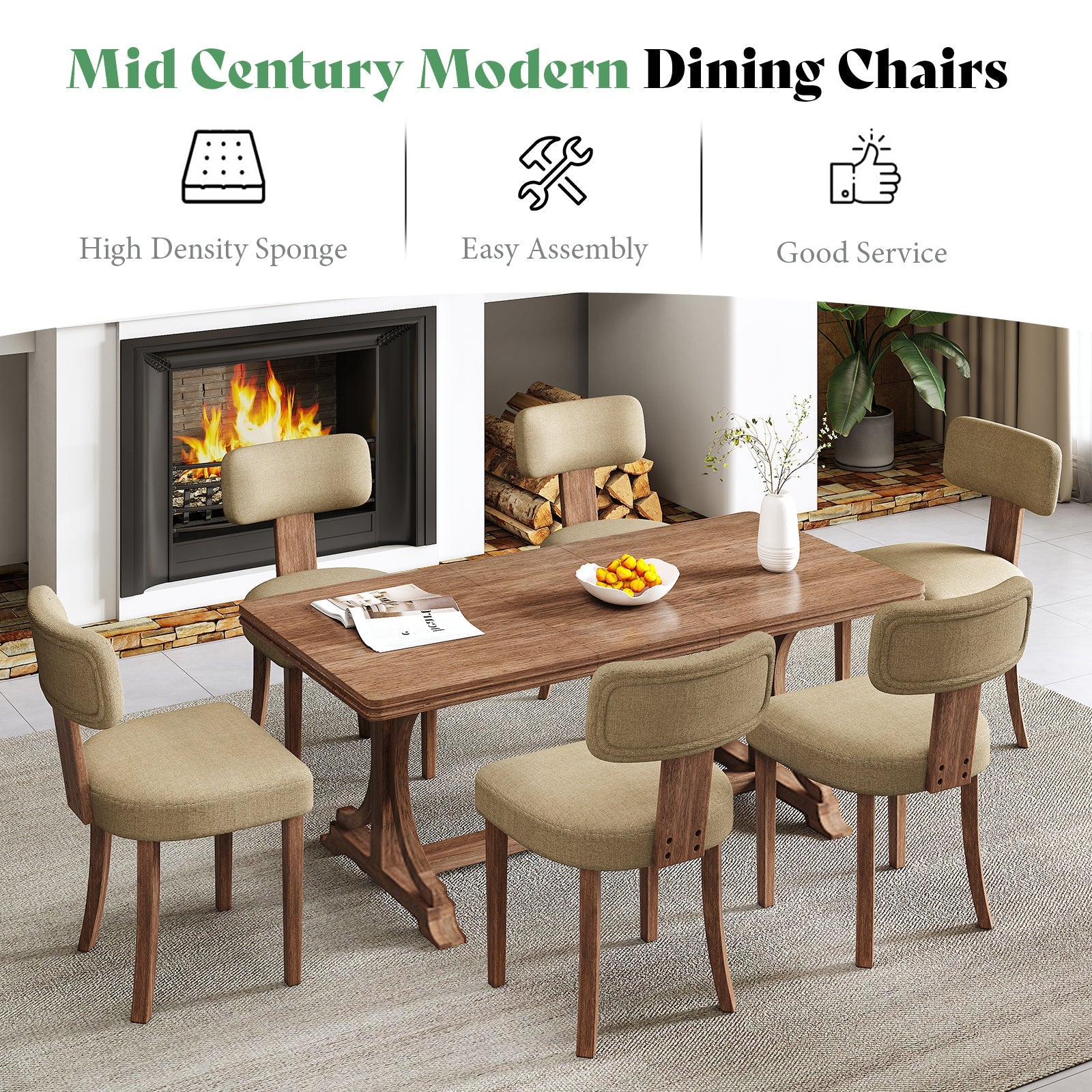 Modern Linen Dining Kitchen Chairs with Upholstered Curved Backrest & Seat, Chairs for Dining Table, Hardwood Frame