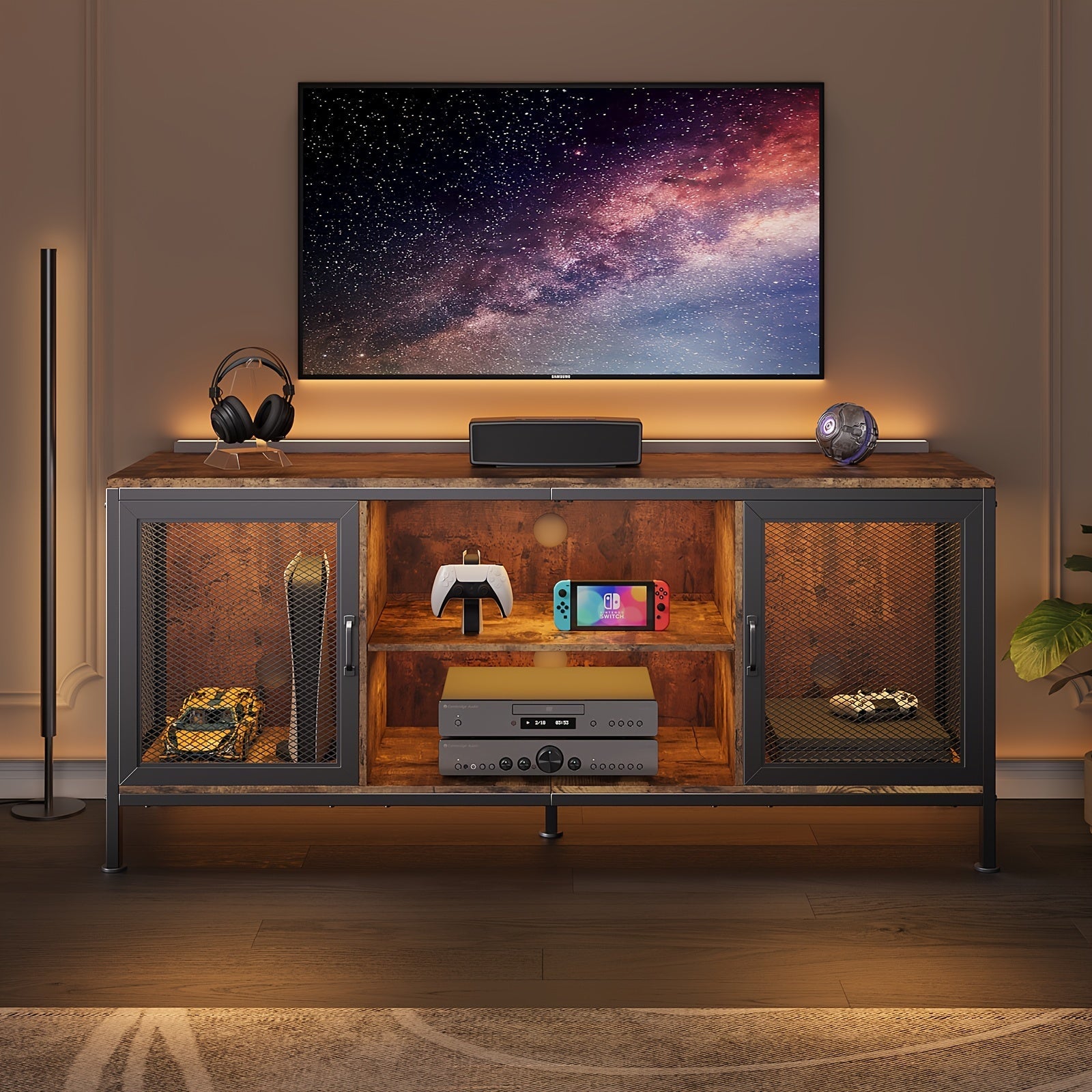 TV Stand For TV Up To 65 Inch With Storage, 3-Tier Wooden TV Console Table With Doors And Shelf, Modern Gaming Entertainment Center For Living Room Game Room Or Home Office