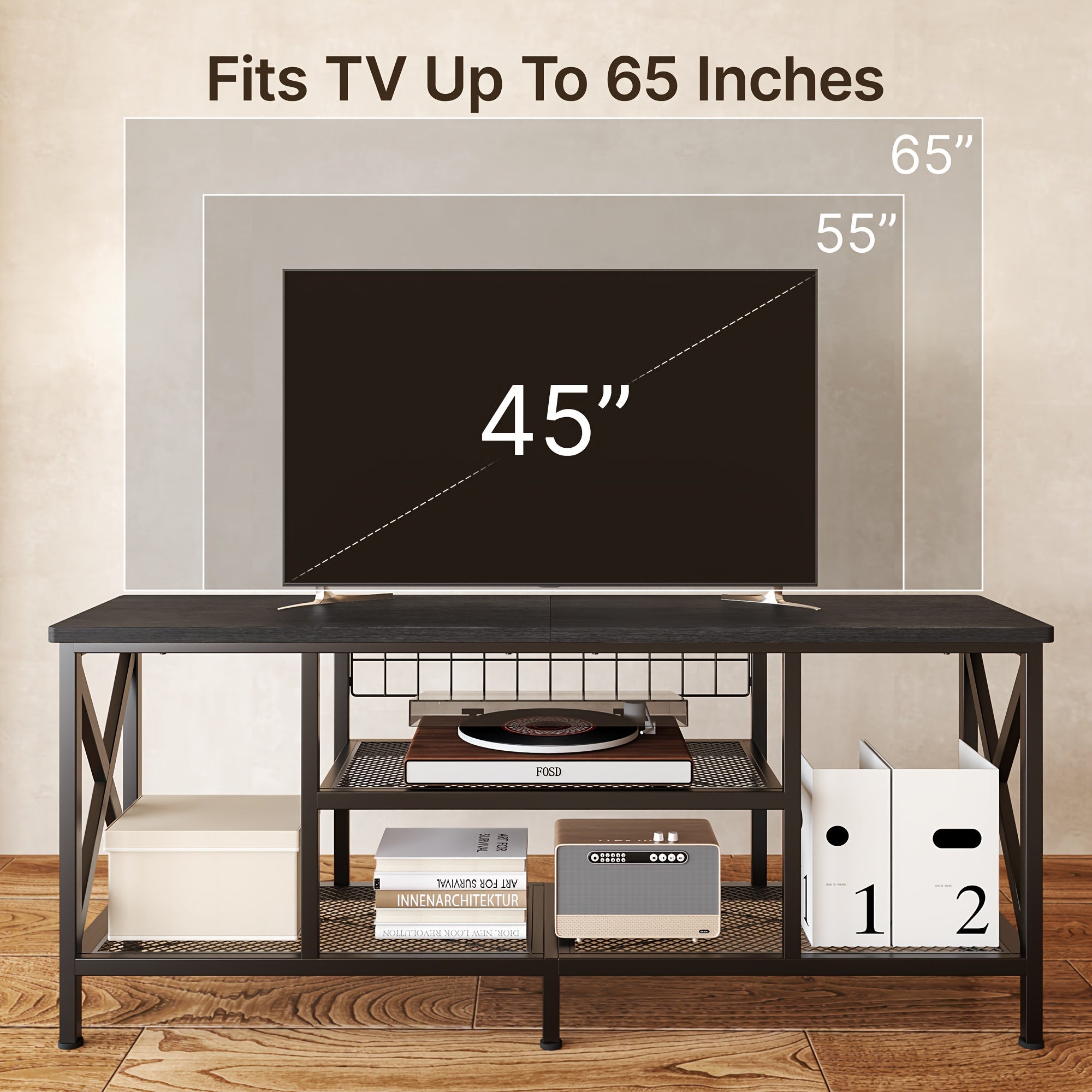 Industrial TV Stand, 59.8" Wide, Perfect For 55-65 Inch TVs, 3-Tier Media Entertainment Center With Stylish Open Shelves, Sturdy Metal Frame - Ideal For Living Room, Bedroom, Or Office Use, Black