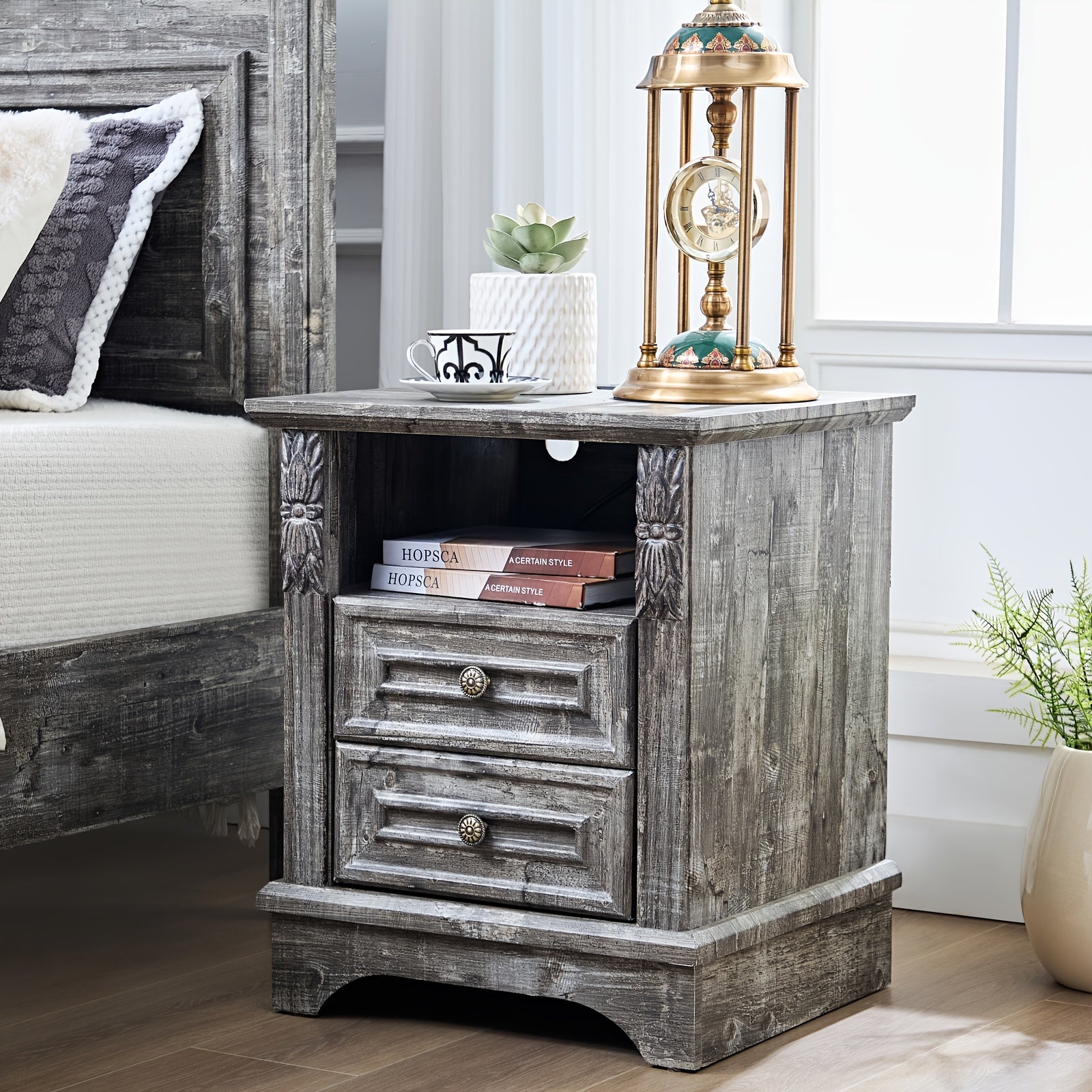 Charming Gray Vintage Farmhouse Nightstand - Multifunctional Bedside Table with Storage, Perfect for Bedroom & Living Room