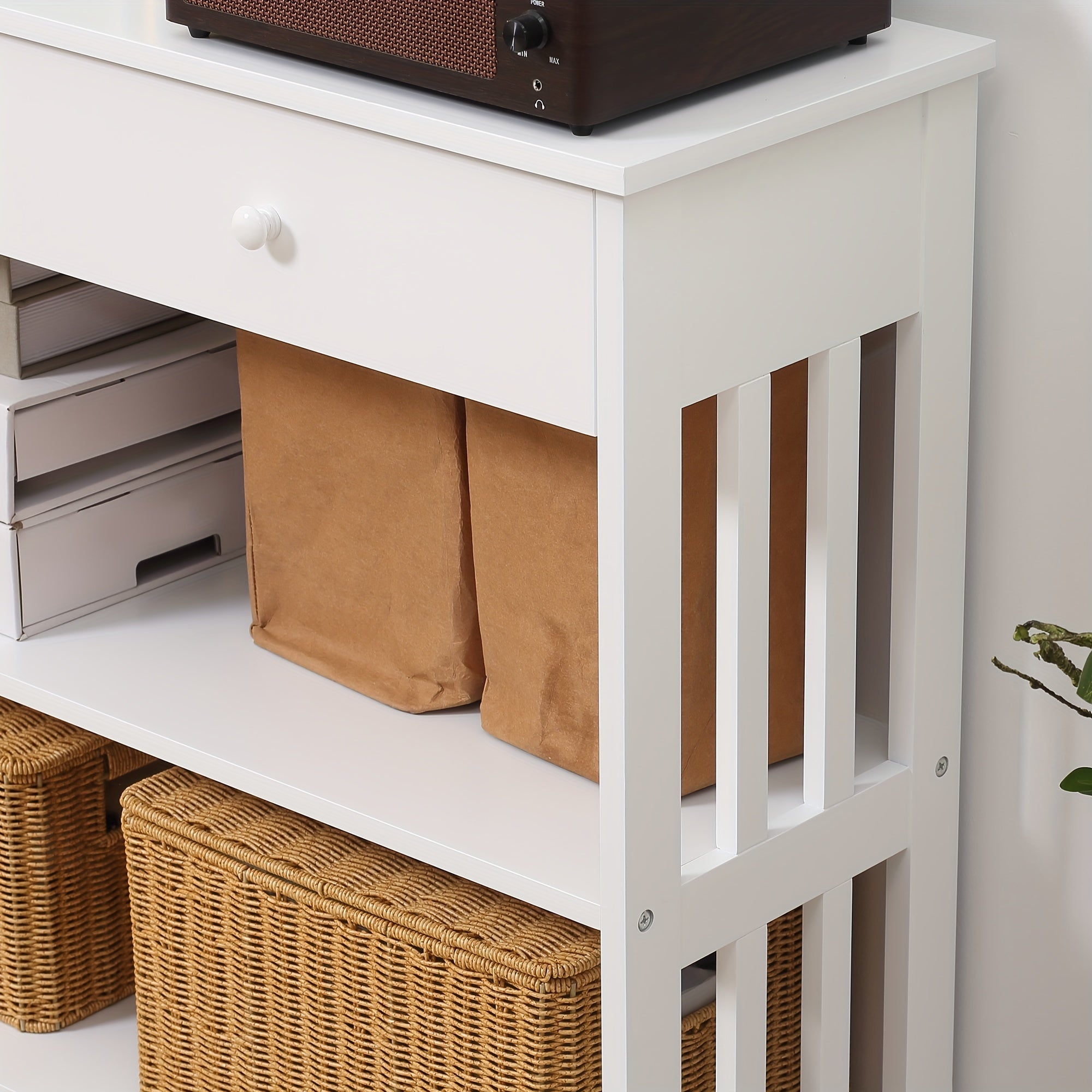 Console Hallway Table With Extra Wide Pull Out Drawer, 2 Open Shelves And Slatted Wood Frame Design, White