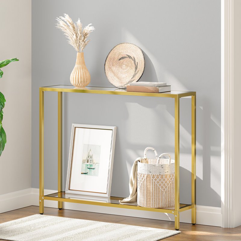 1pc Rustic Golden Metal Frame Console Table with Tempered Glass Top, Multifunctional Sofa Table for Living Room, Hallway - No Electricity Needed, Modern Narrow Couch Table