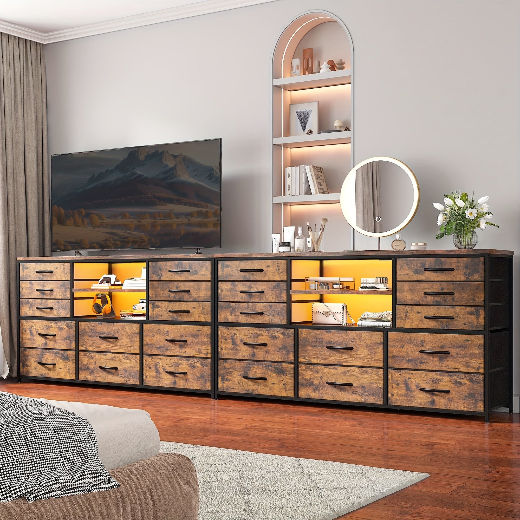 Dresser With LED Lights & Power Outlets 12 Drawers Dresser TV Stand For 60’’TV For Bedroom Dresser Fabric Dressers &