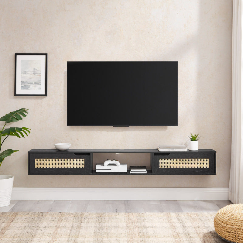 1pc Modern Black Floating TV Stand with Rattan Doors, Fits Up to 80 Inch TVs, Contemporary Home Entertainment Center, Wall Mounted Media Console