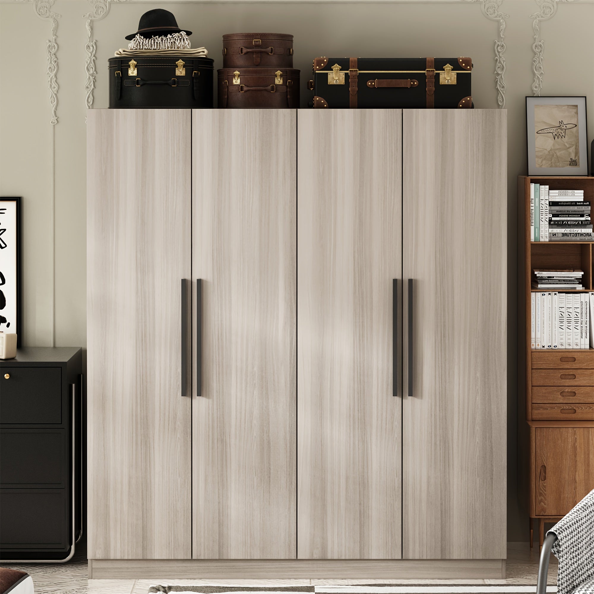 Spacious 4-Door White Wardrobe Armoire Closet - Freestanding Organizer with Storage Shelves & Hanging Rod, Durable MDF Wood, Water-Resistant, Easy Assembly, Modern Design for Bedroom Storage (63" W x 19.7" D x 70.9" H)