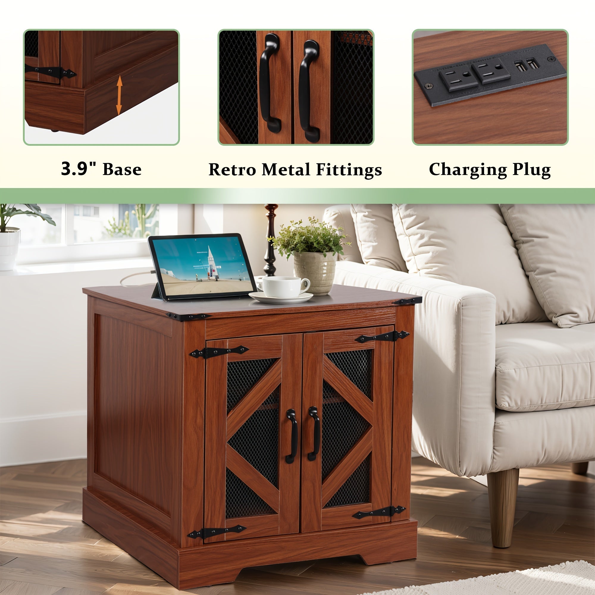 24'' Wood Farmhouse Night Stand With Charging Station, Storage Drawer Units, Bed Side Table Square End Table For Living Room, Bedroom