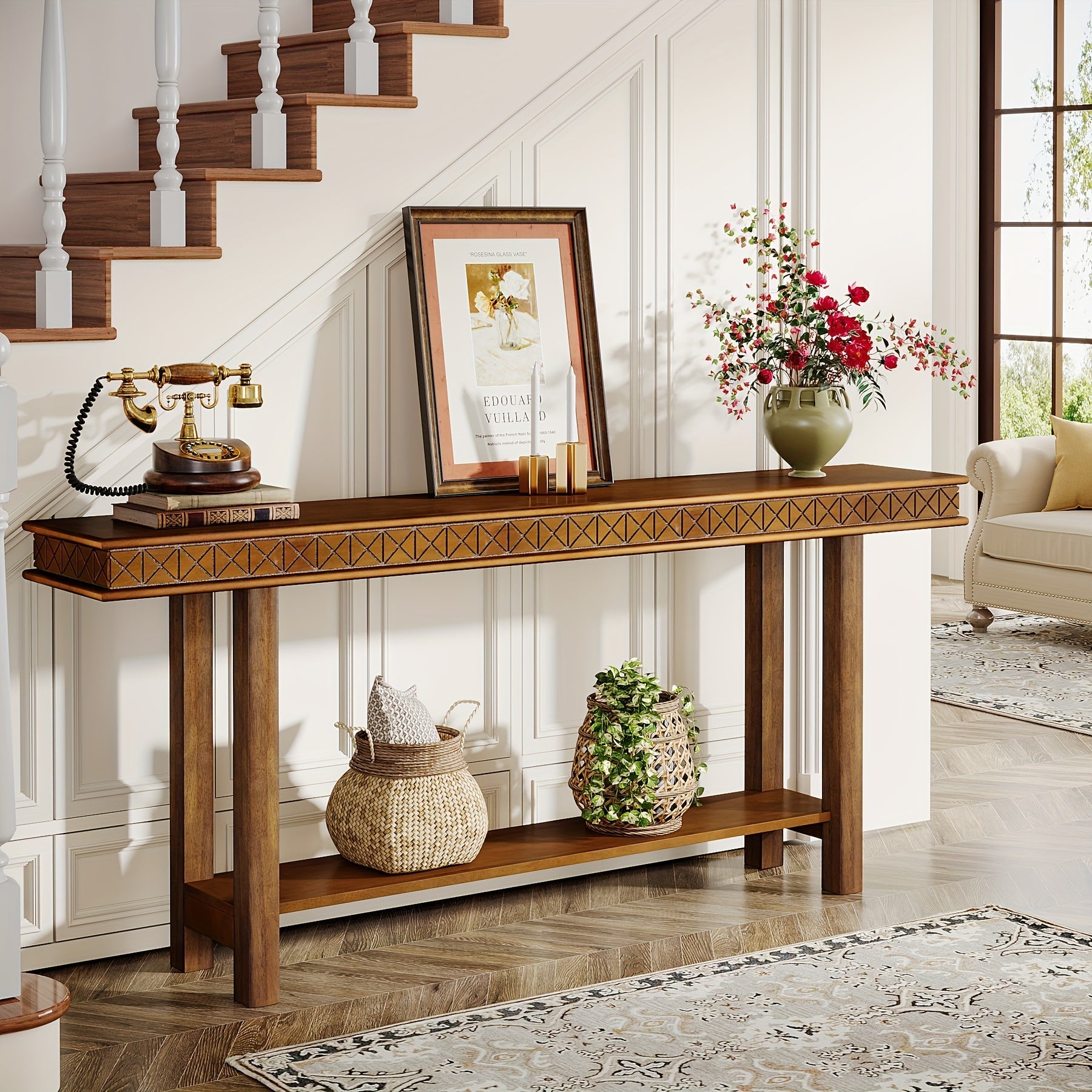 70.9-Inch Extra Long Console Table, Wood Sofa Table Behind Couch Narrow Long, 2-Tier Entryway Accent Table with Storage for Living Room, Hallway, Entrance, Foyer