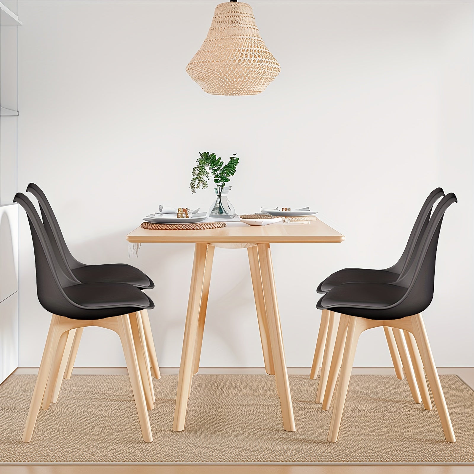 Dining Chairs Set Of 4, Mid-Century Modern Kitchen Chairs With Wood Legs And PU Leather Cushion, For Living Room, Bedroom, Outdoor, Lounge, Black And White