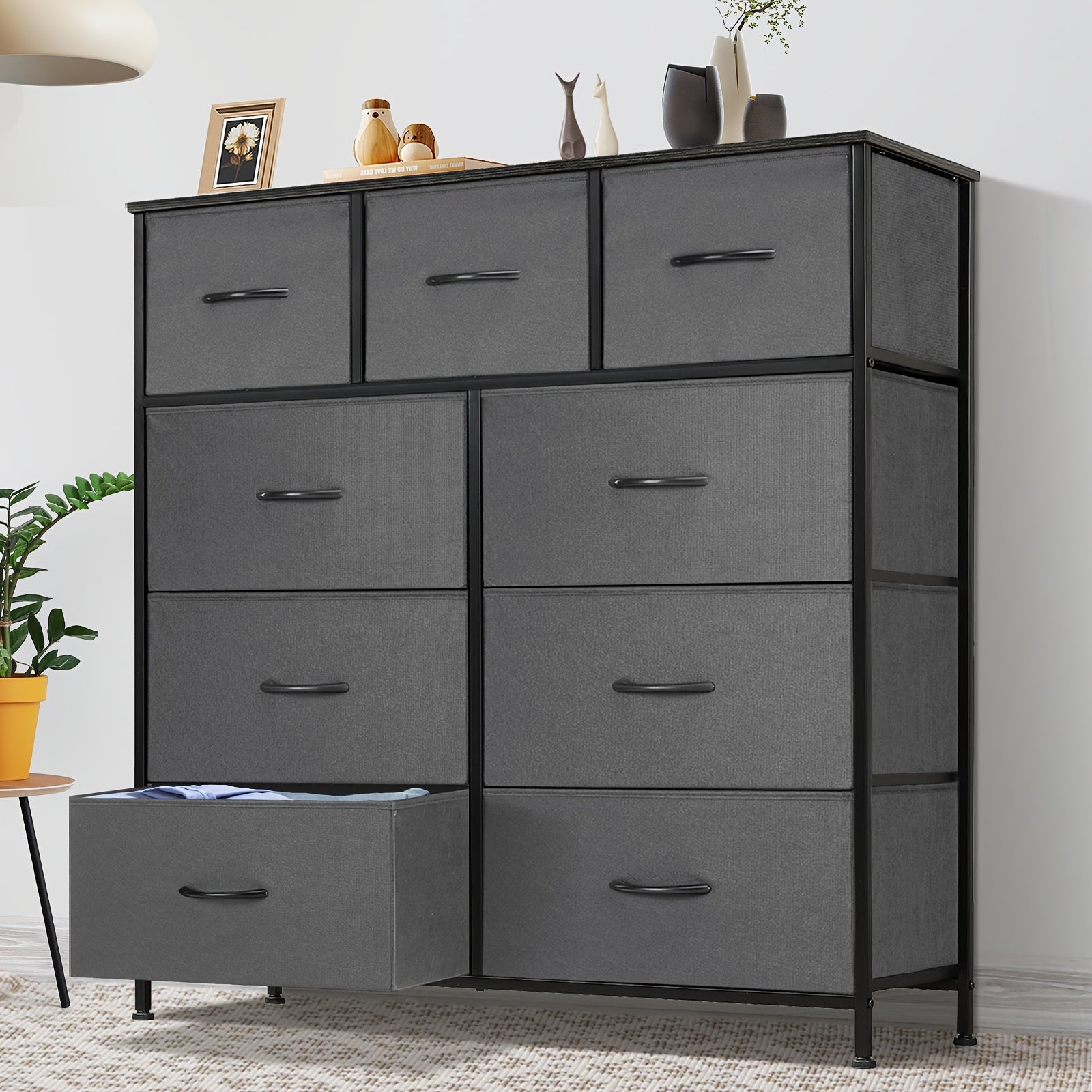 Dresser For Bedroom With 9 Drawers, Dresser With Metal Frame And Wood Tabletop, Clothes Drawer Fabric Closet Organizer, Chest Storage Tower For Living Room, Entryway